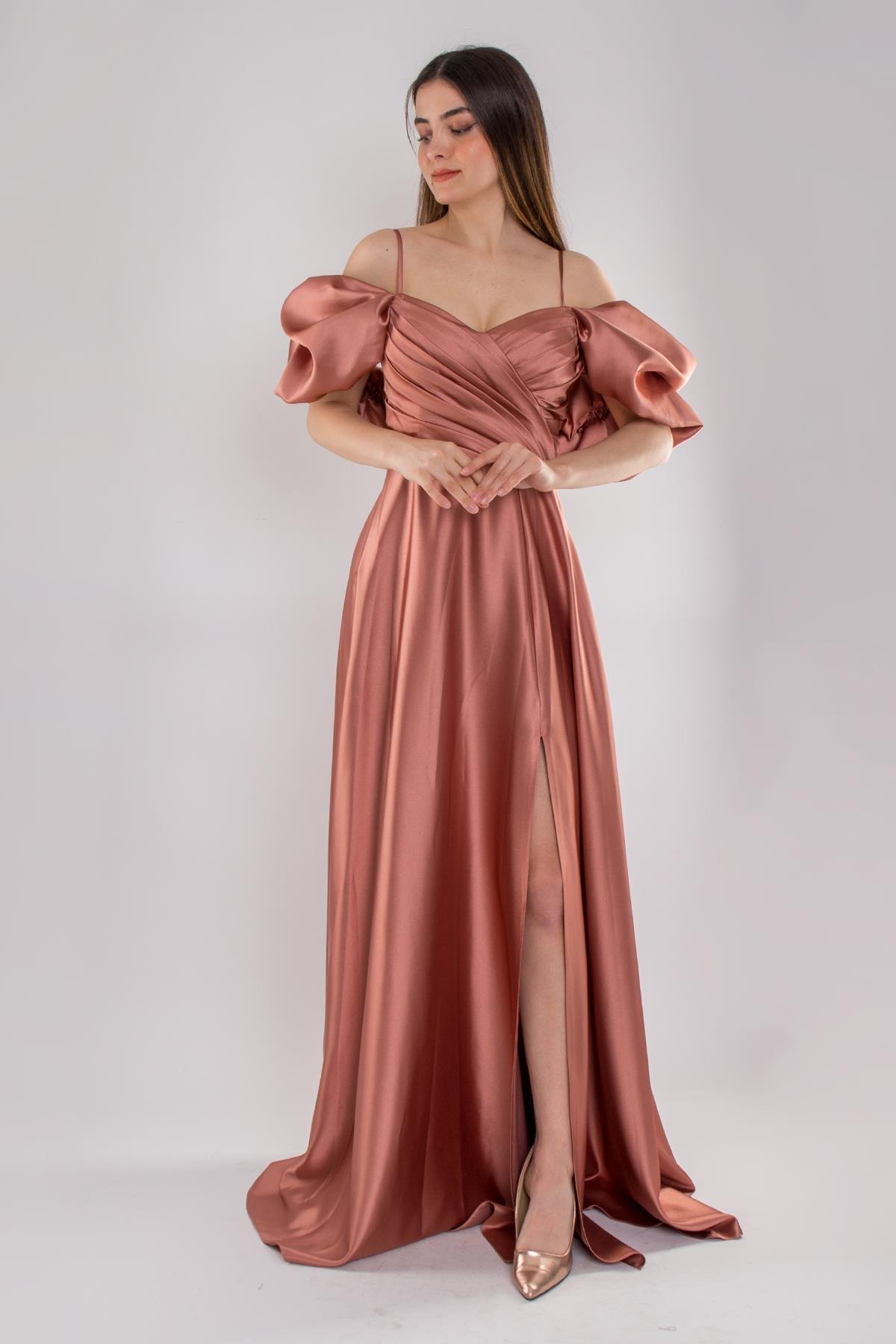 5077 Balon Kollu İpAskı Gögüs Drape Uzun Saten Elbise