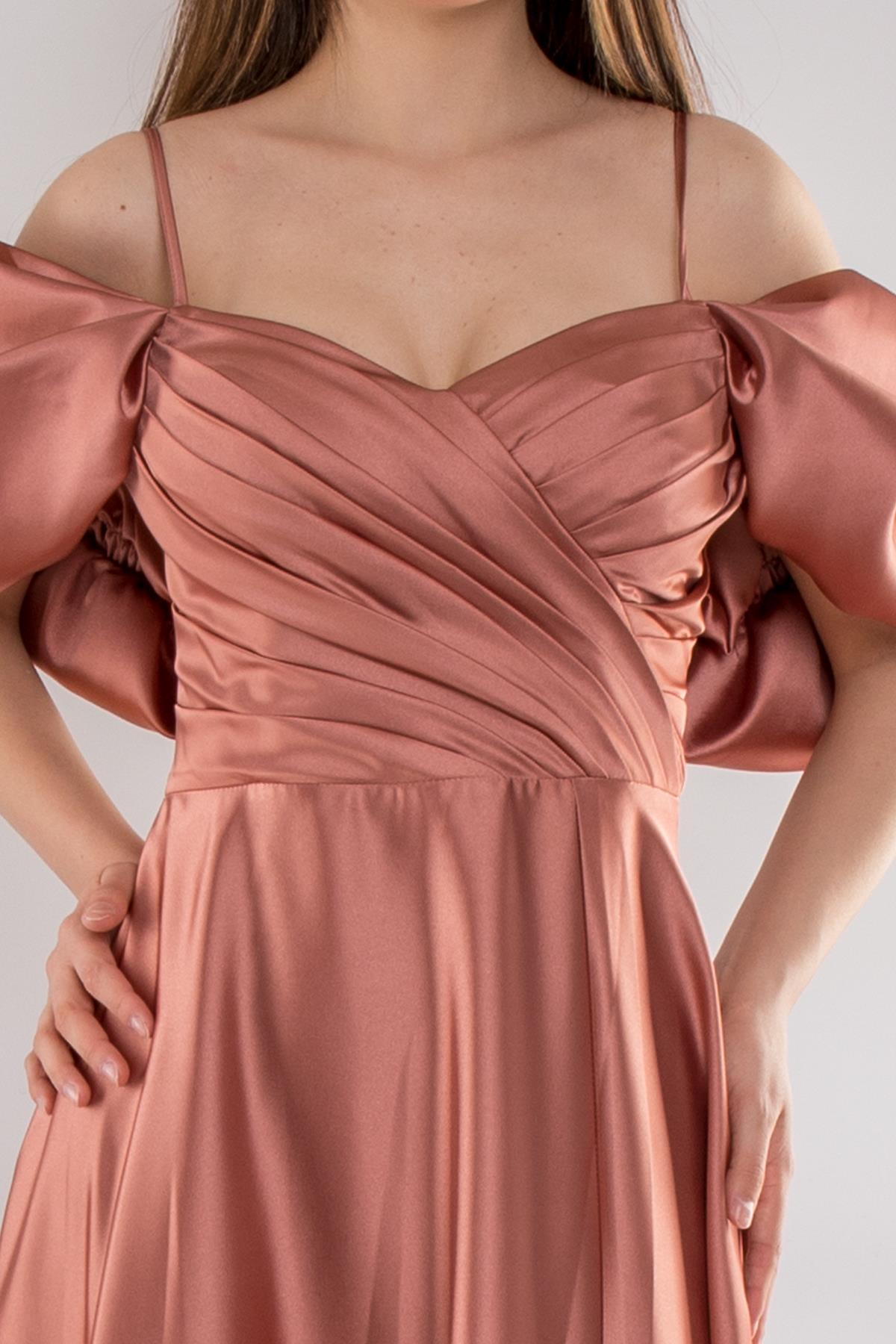 5077 Balon Kollu İpAskı Gögüs Drape Uzun Saten Elbise