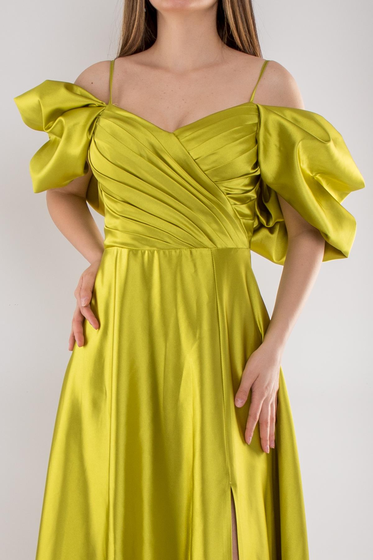 5077 Balon Kollu İpAskı Gögüs Drape Uzun Saten Elbise