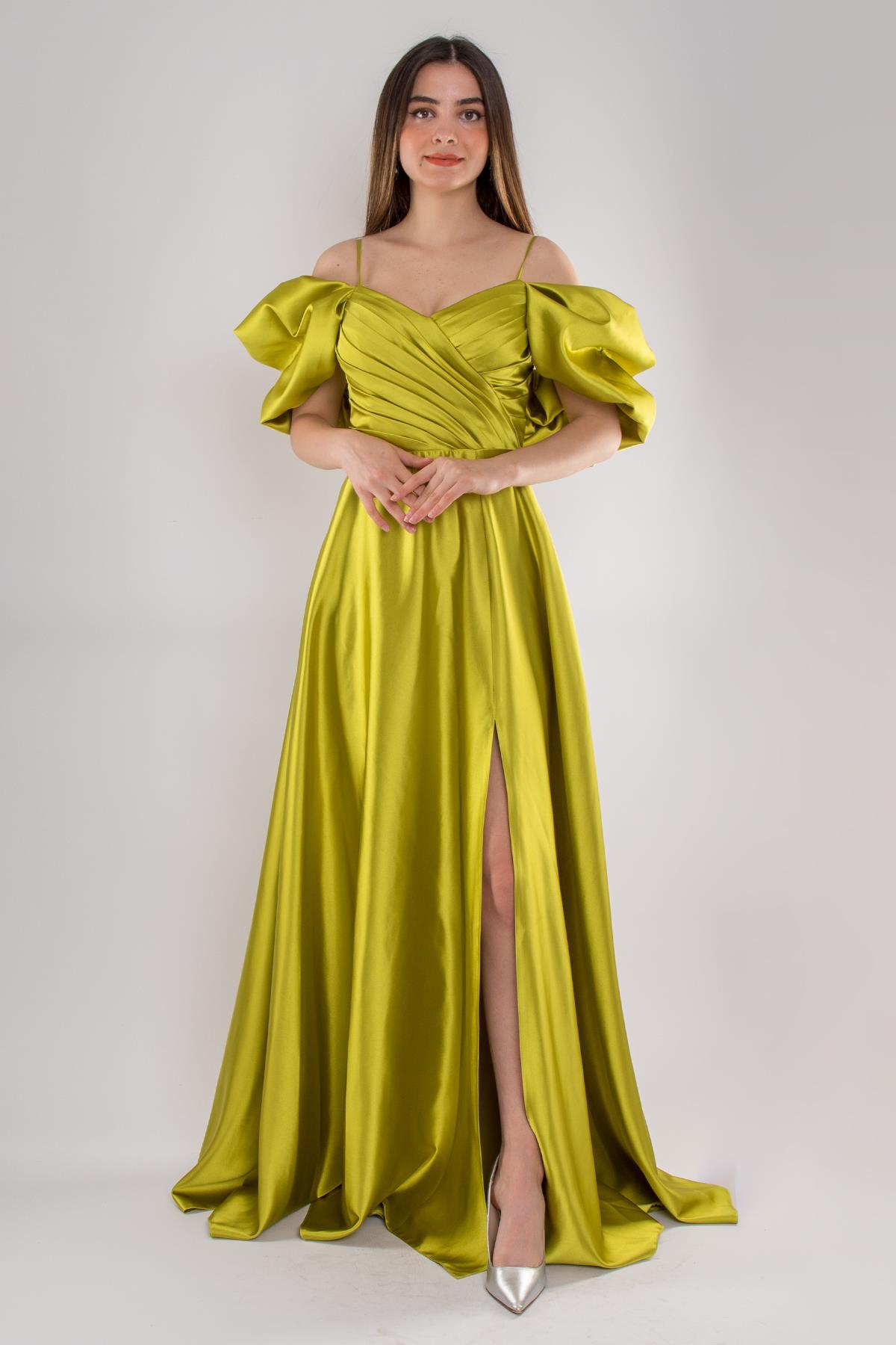 5077 Balon Kollu İpAskı Gögüs Drape Uzun Saten Elbise