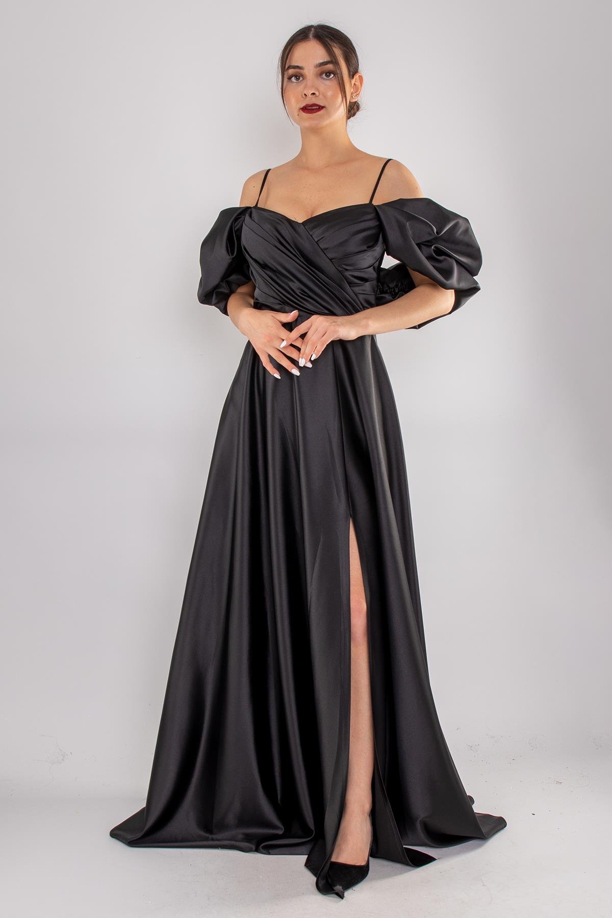 5077 Balon Kollu İpAskı Gögüs Drape Uzun Saten Elbise