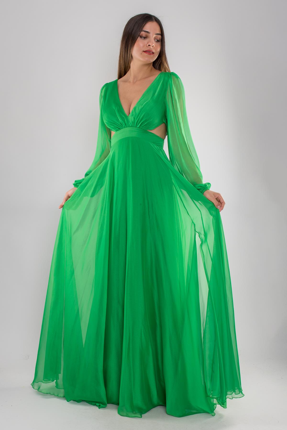 5078 Bel Dekolte Uzun Kol Kristal Şifon Uzun Elbise