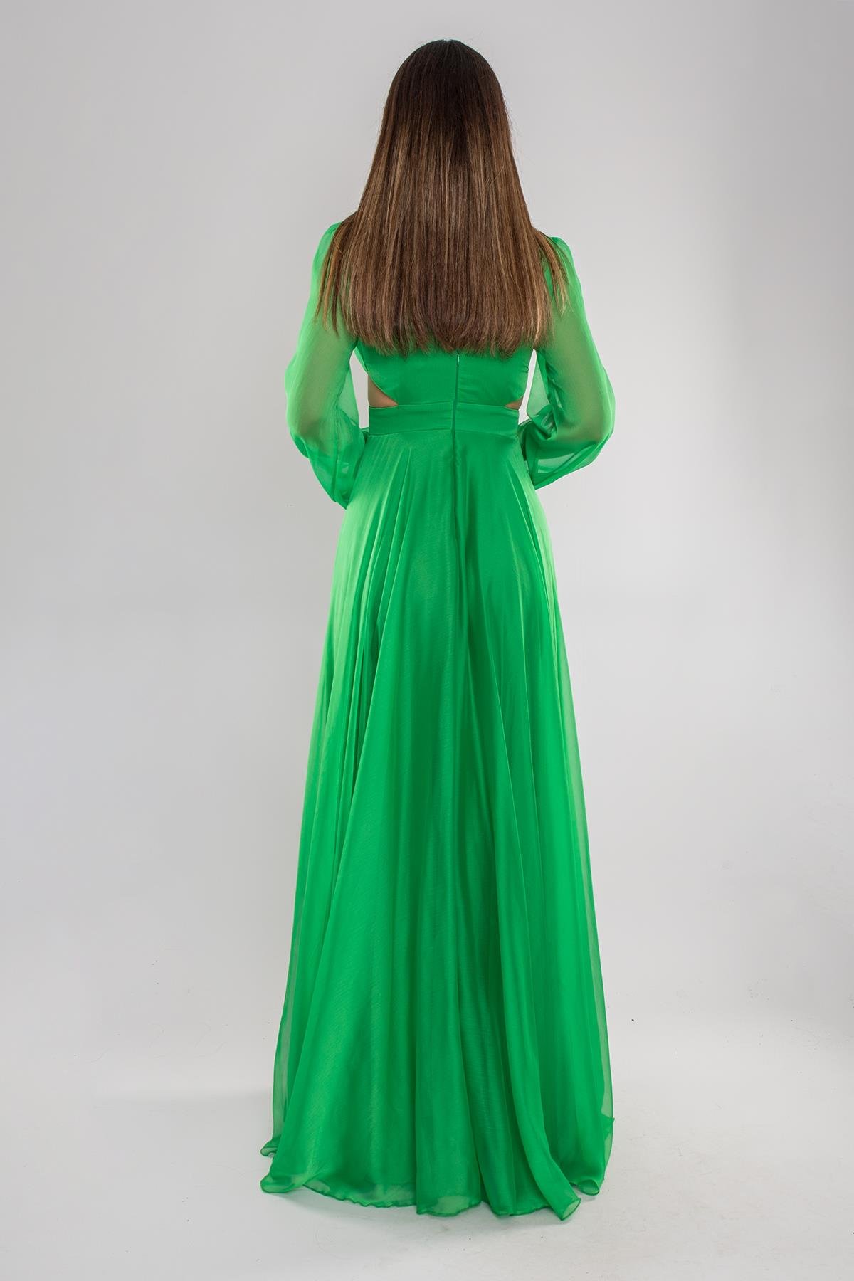 5078 Bel Dekolte Uzun Kol Kristal Şifon Uzun Elbise