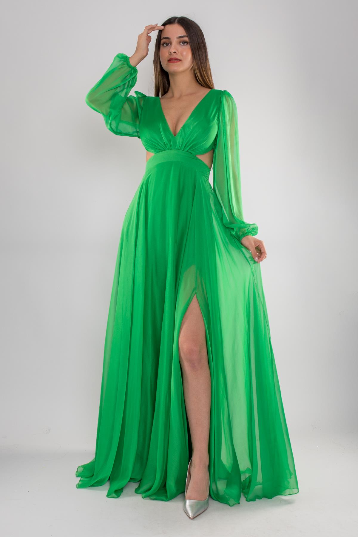 5078 Bel Dekolte Uzun Kol Kristal Şifon Uzun Elbise