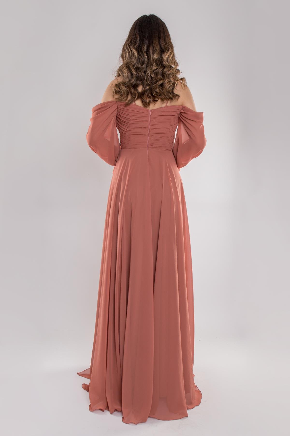 5081 Drapeli Uzun Kol Şifon Elbise