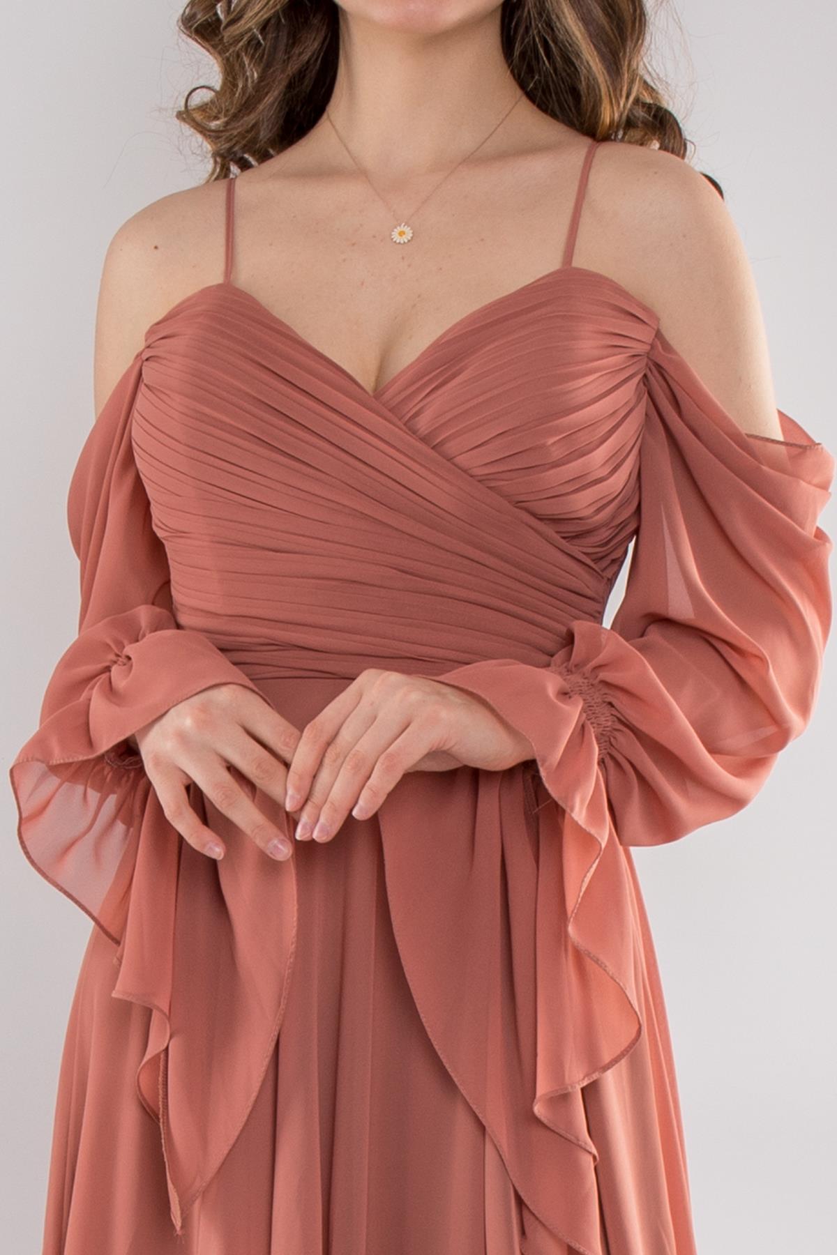 5081 Drapeli Uzun Kol Şifon Elbise