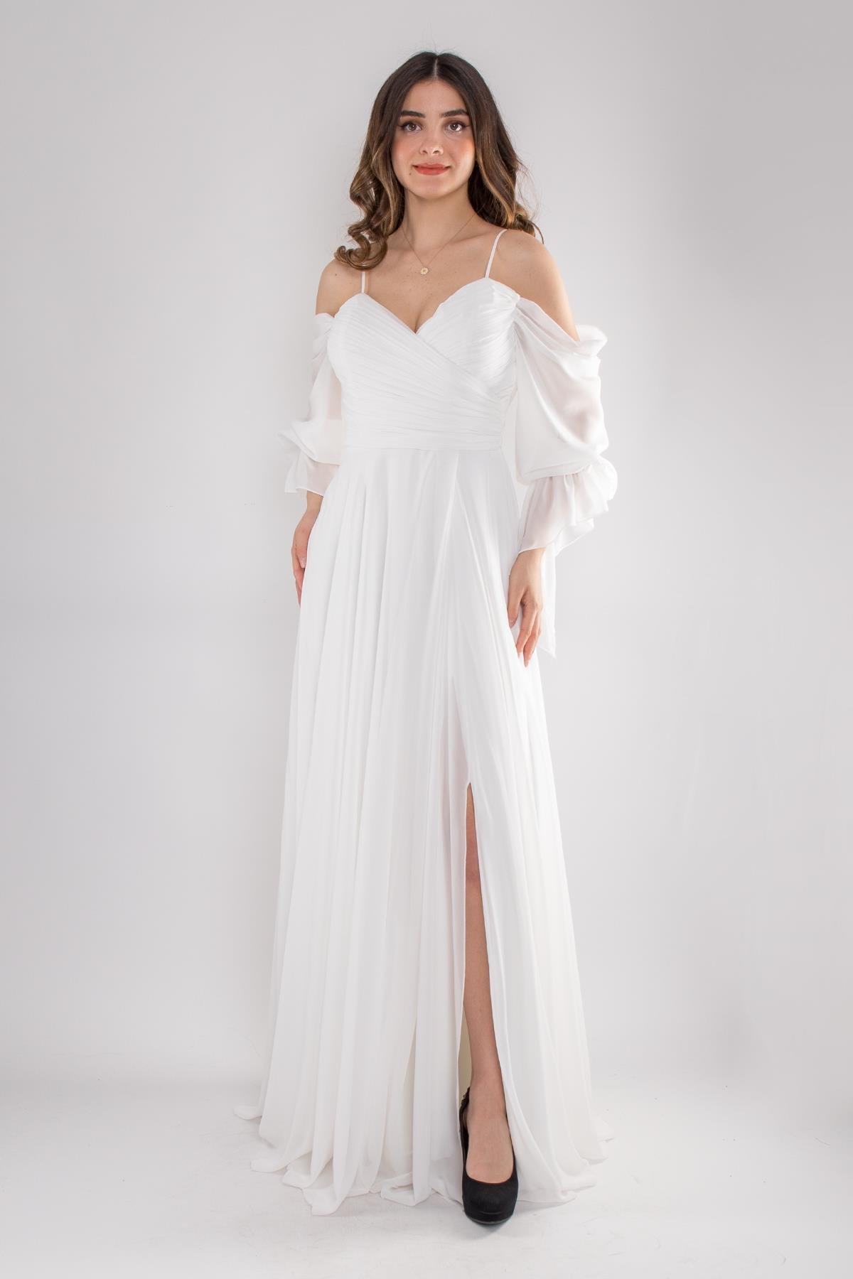 5081 Drapeli Uzun Kol Şifon Elbise