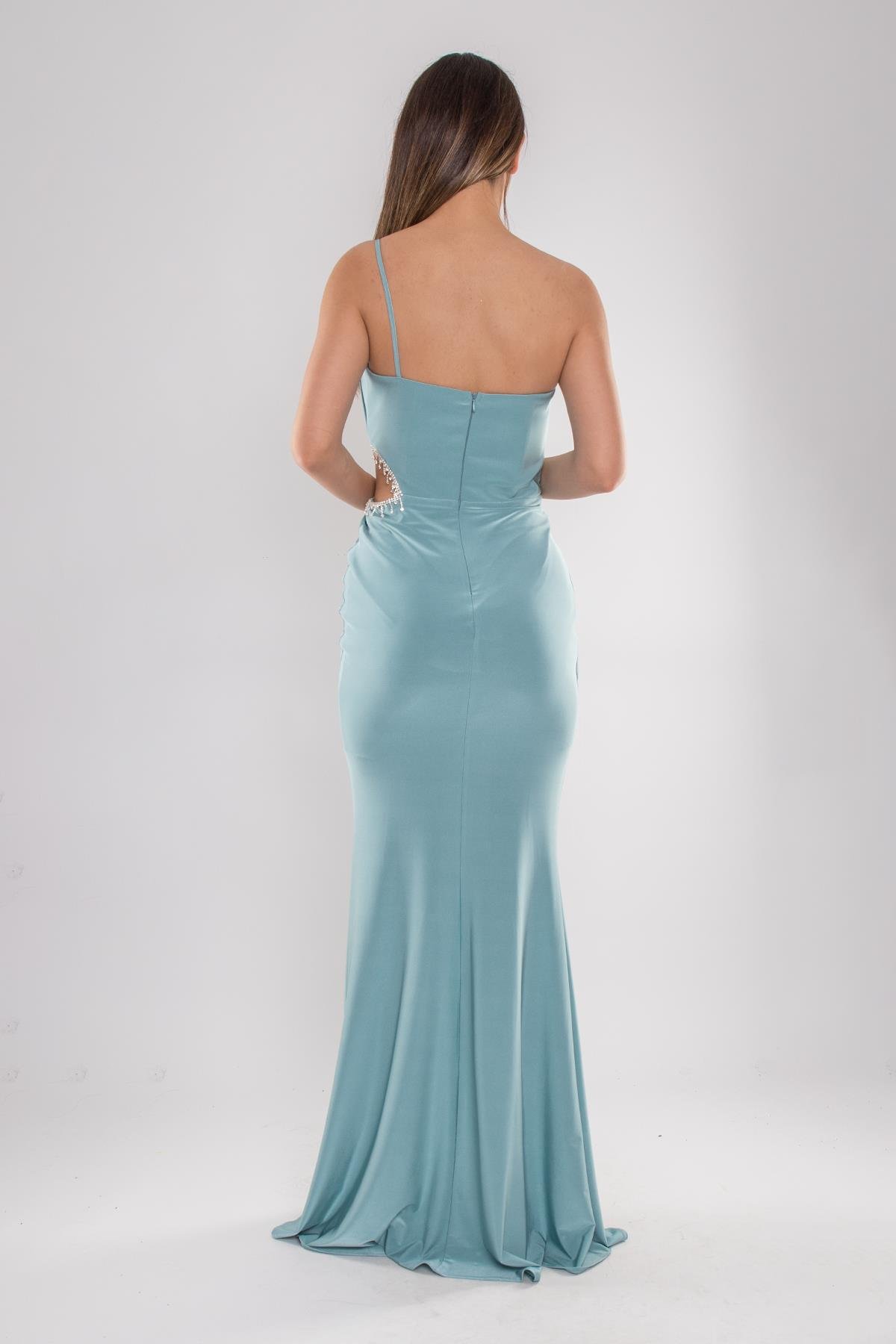 5088 Yanı Taşlı Pencereli Tek Omuz Buzi Uzun Elbise