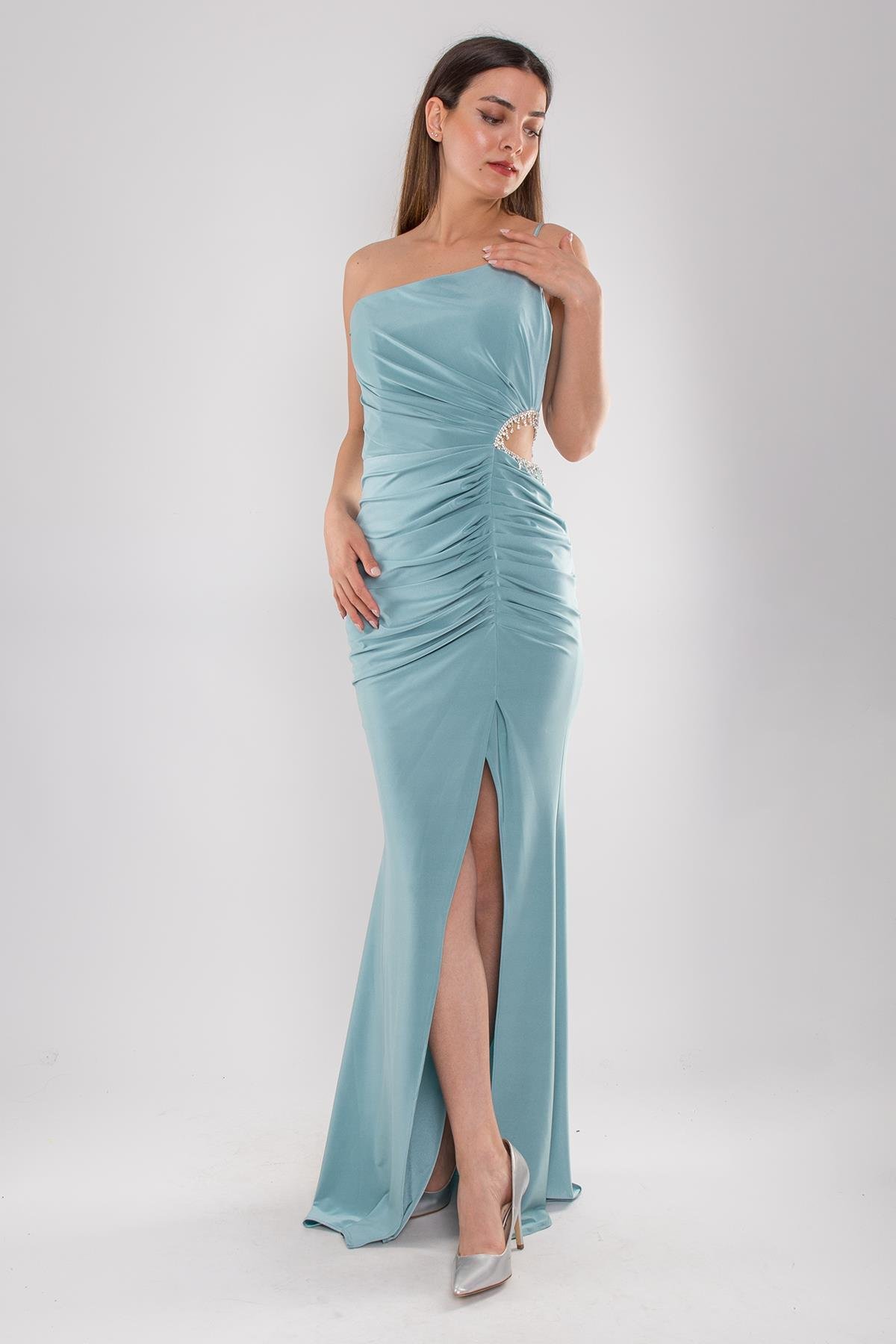 5088 Yanı Taşlı Pencereli Tek Omuz Buzi Uzun Elbise