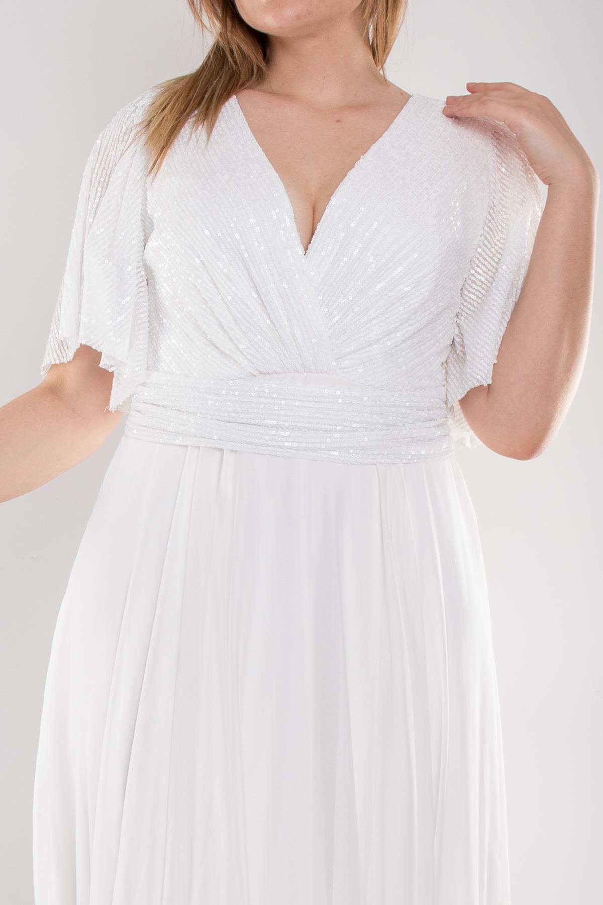 5093 Büyük Beden Kruvaze Yaka Pulpayet Uzun Elbise