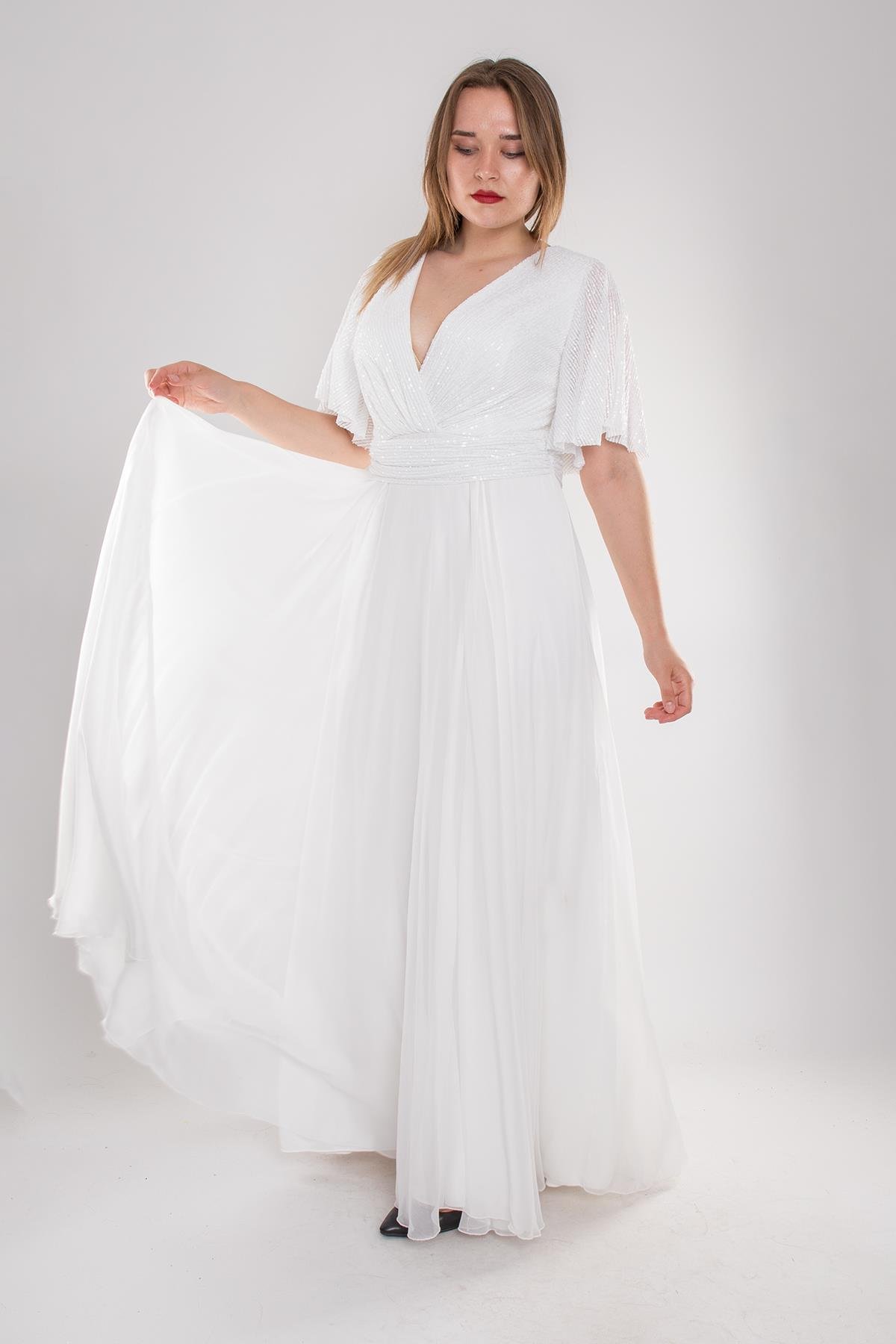 5093 Büyük Beden Kruvaze Yaka Pulpayet Uzun Elbise