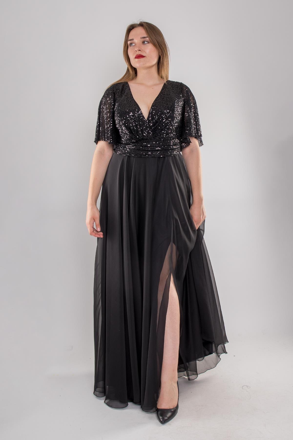 5093 Büyük Beden Kruvaze Yaka Pulpayet Uzun Elbise