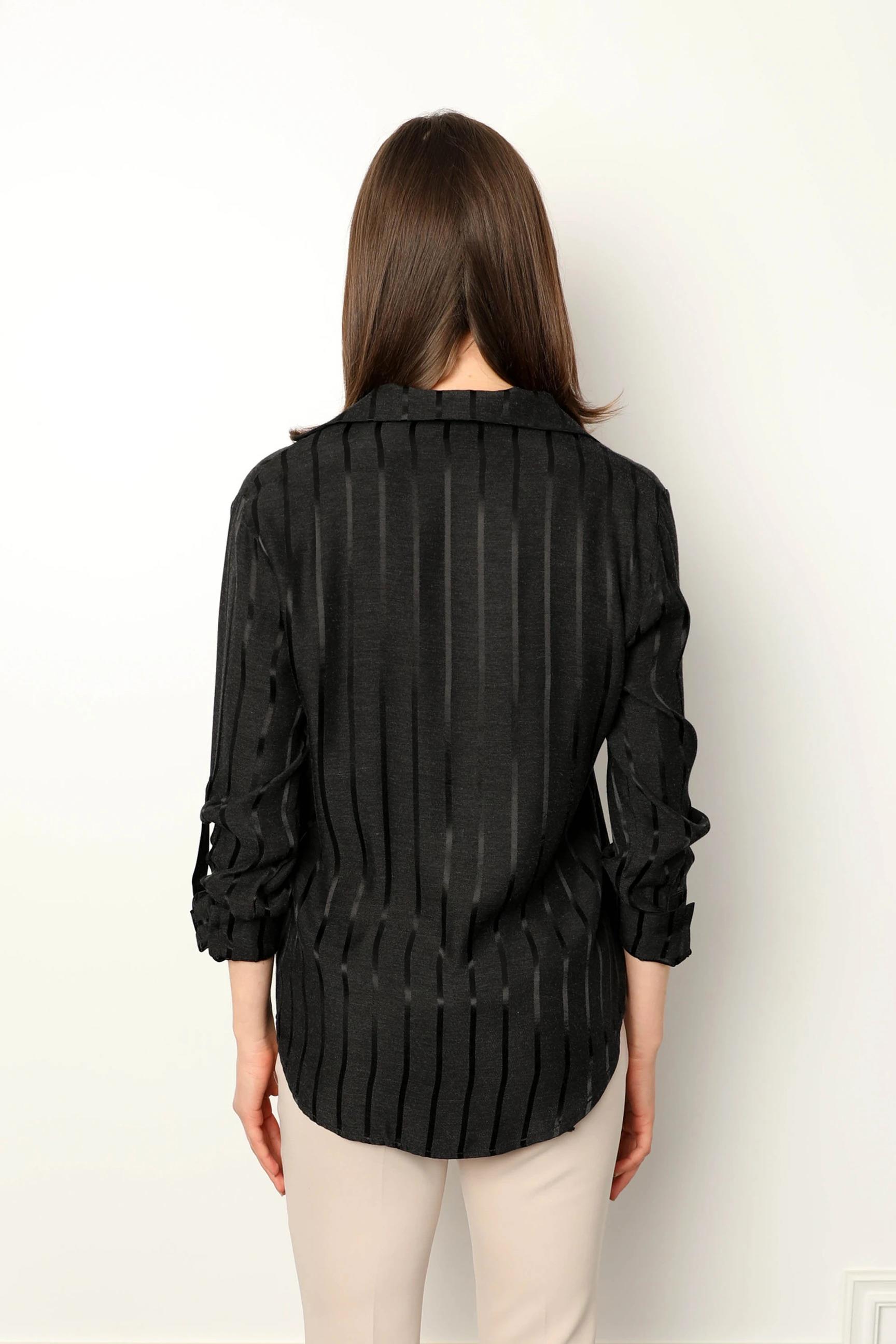 50970 Boncuk Nakışlı Kruvaze Yaka Çizgili Gömlek