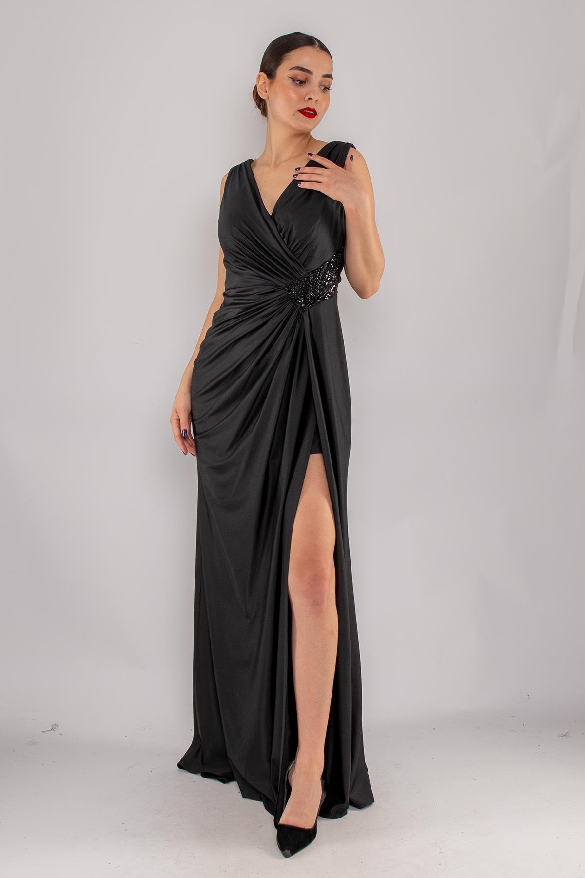 510 Kruvaze Yaka Beli Drape Boncuklu Kristal Buzi Uzun Elbise