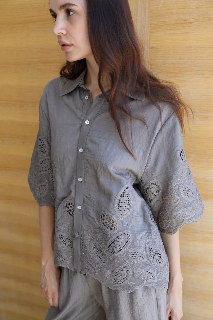 51048-71520 Dantel Nakışlı Tencel Gömlek Bol Paça Pantolon Takım
