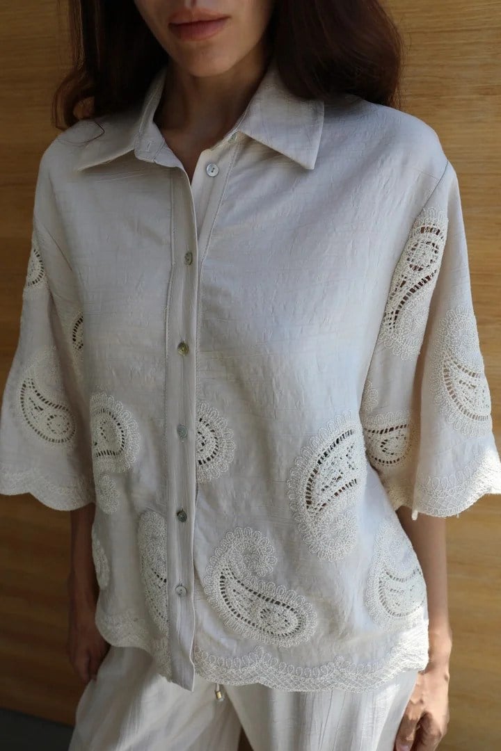 51048-71520 Dantel Nakışlı Tencel Gömlek Bol Paça Pantolon Takım