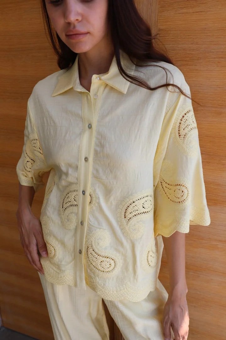 51048-71520 Dantel Nakışlı Tencel Gömlek Bol Paça Pantolon Takım
