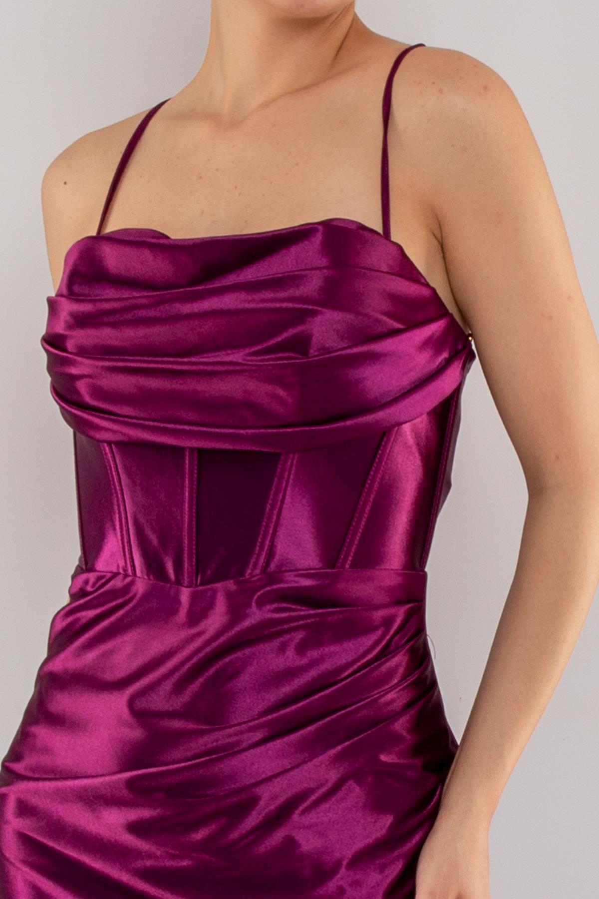 5118 İpAskı Degaje Yaka Balenli Örme Saten Uzun Elbise