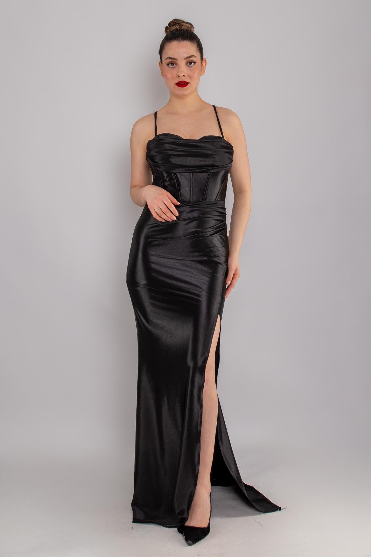 5118 İpAskı Degaje Yaka Balenli Örme Saten Uzun Elbise