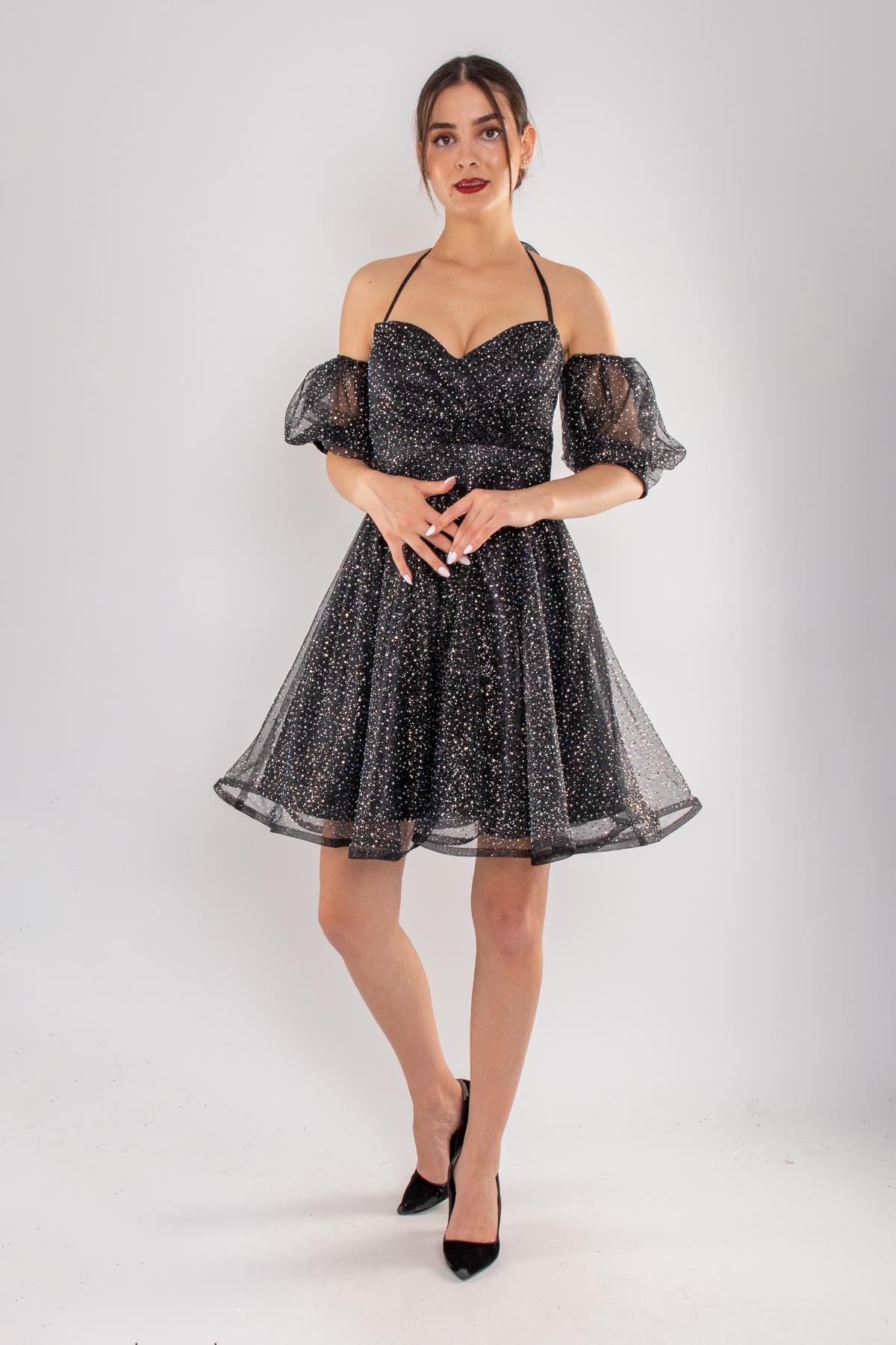 512 Straplez Takma Kol Simli Kloş Kısa Tül Elbise