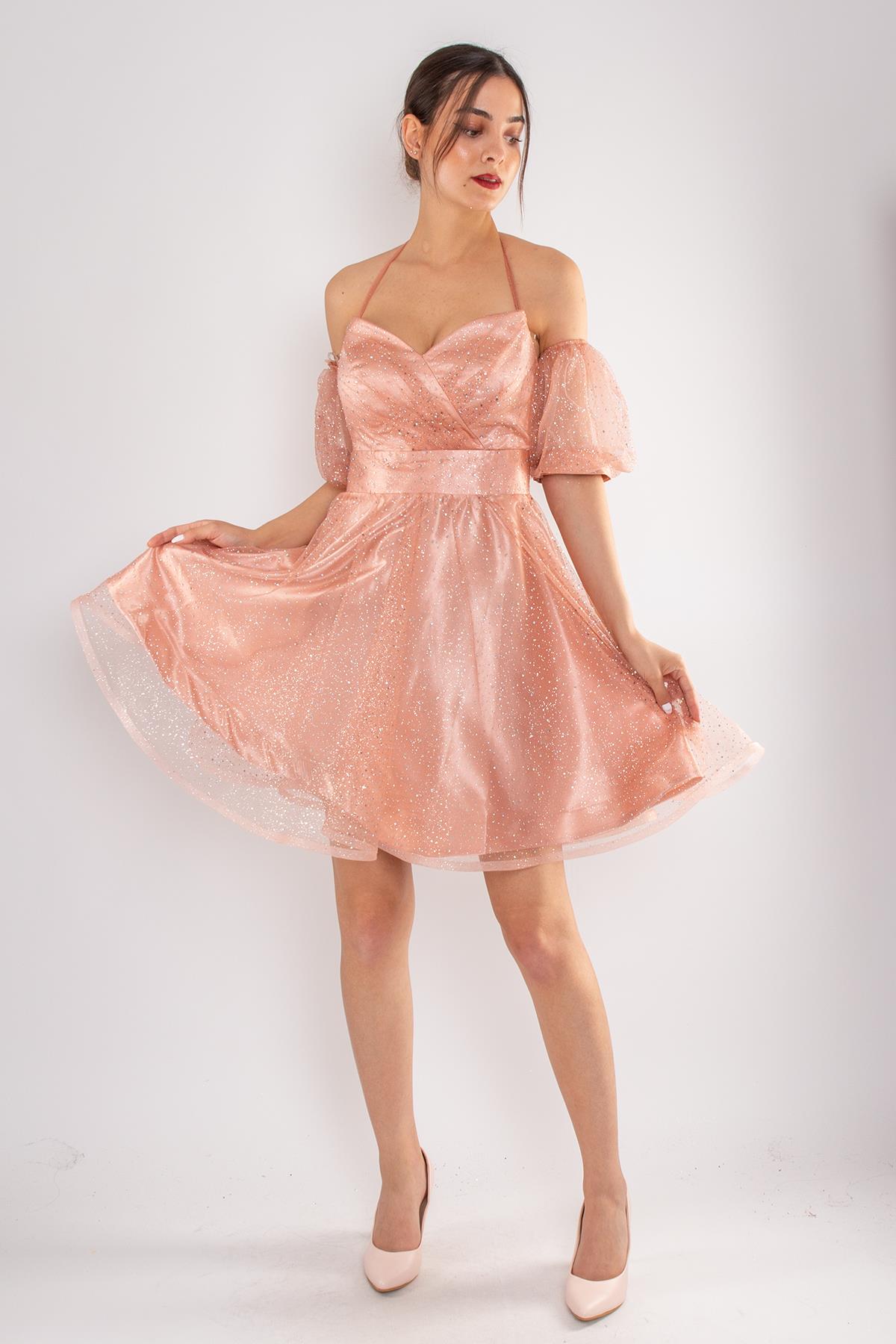 512 Straplez Takma Kol Simli Kloş Kısa Tül Elbise