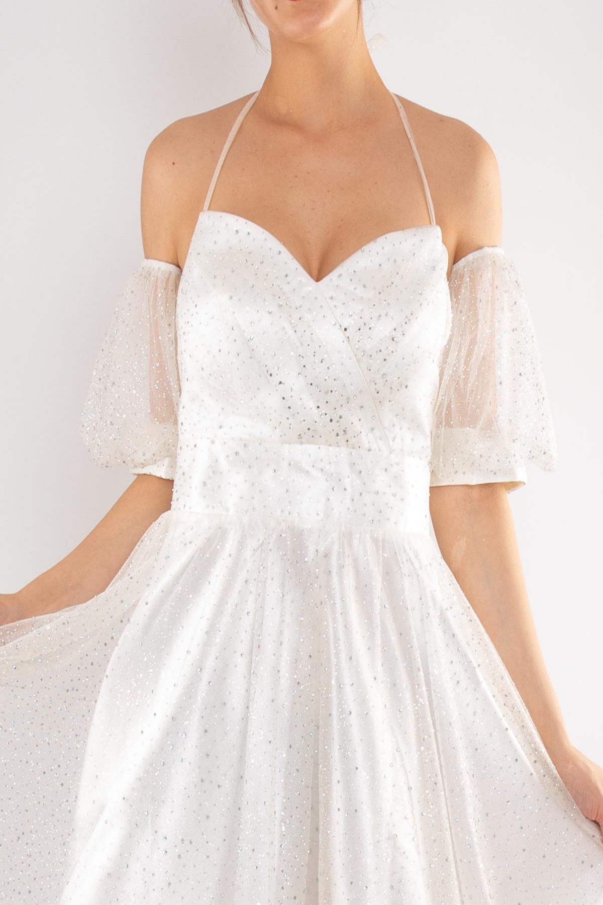 512 Straplez Takma Kol Simli Kloş Kısa Tül Elbise