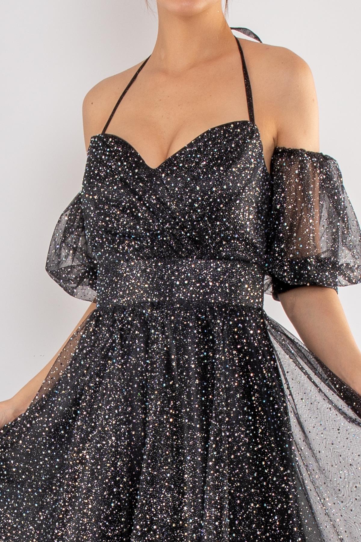 512 Straplez Takma Kol Simli Kloş Kısa Tül Elbise