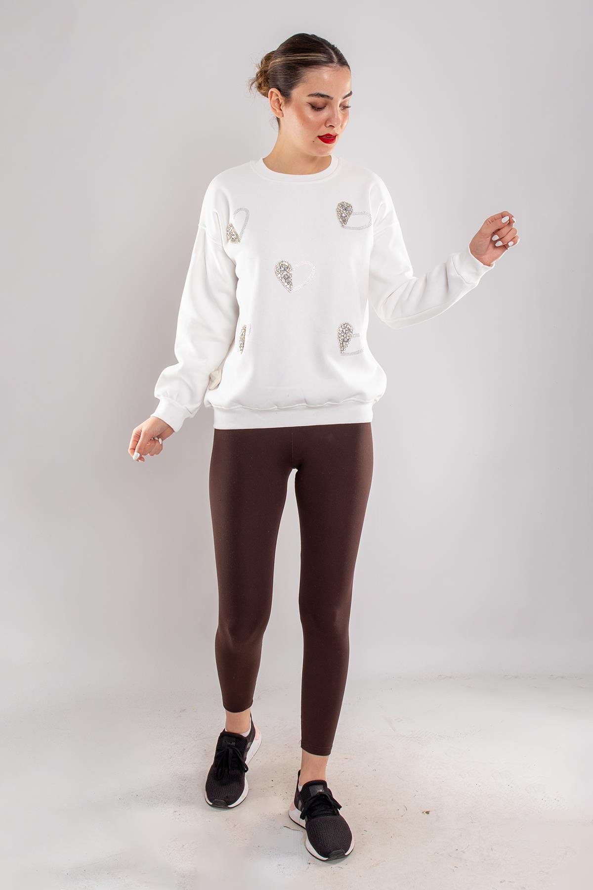 5124 Taşlı Kalp Baskı Bisiklet Yaka İçi Şardonlu Sweatshirt