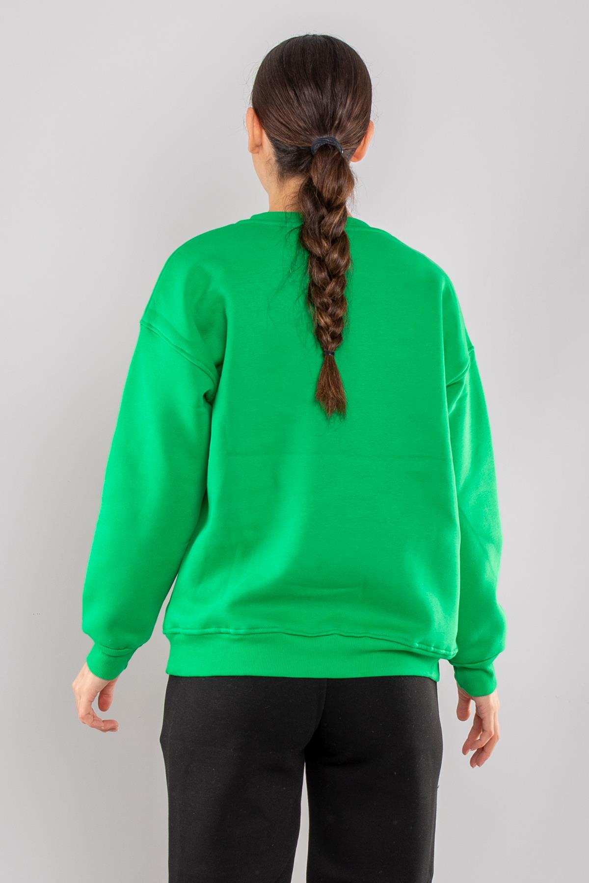 5124 Taşlı Kalp Baskı Bisiklet Yaka İçi Şardonlu Sweatshirt