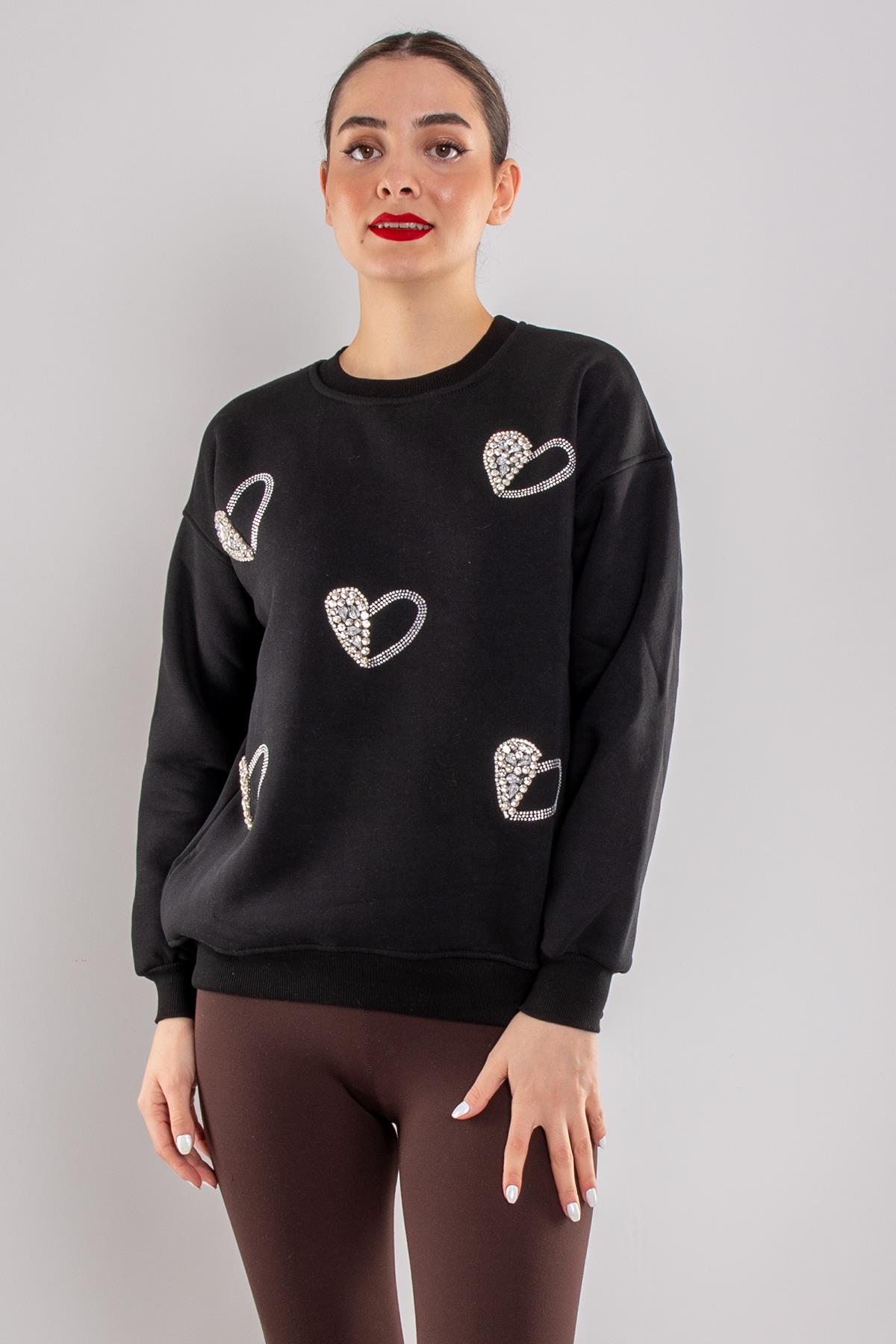 5124 Taşlı Kalp Baskı Bisiklet Yaka İçi Şardonlu Sweatshirt