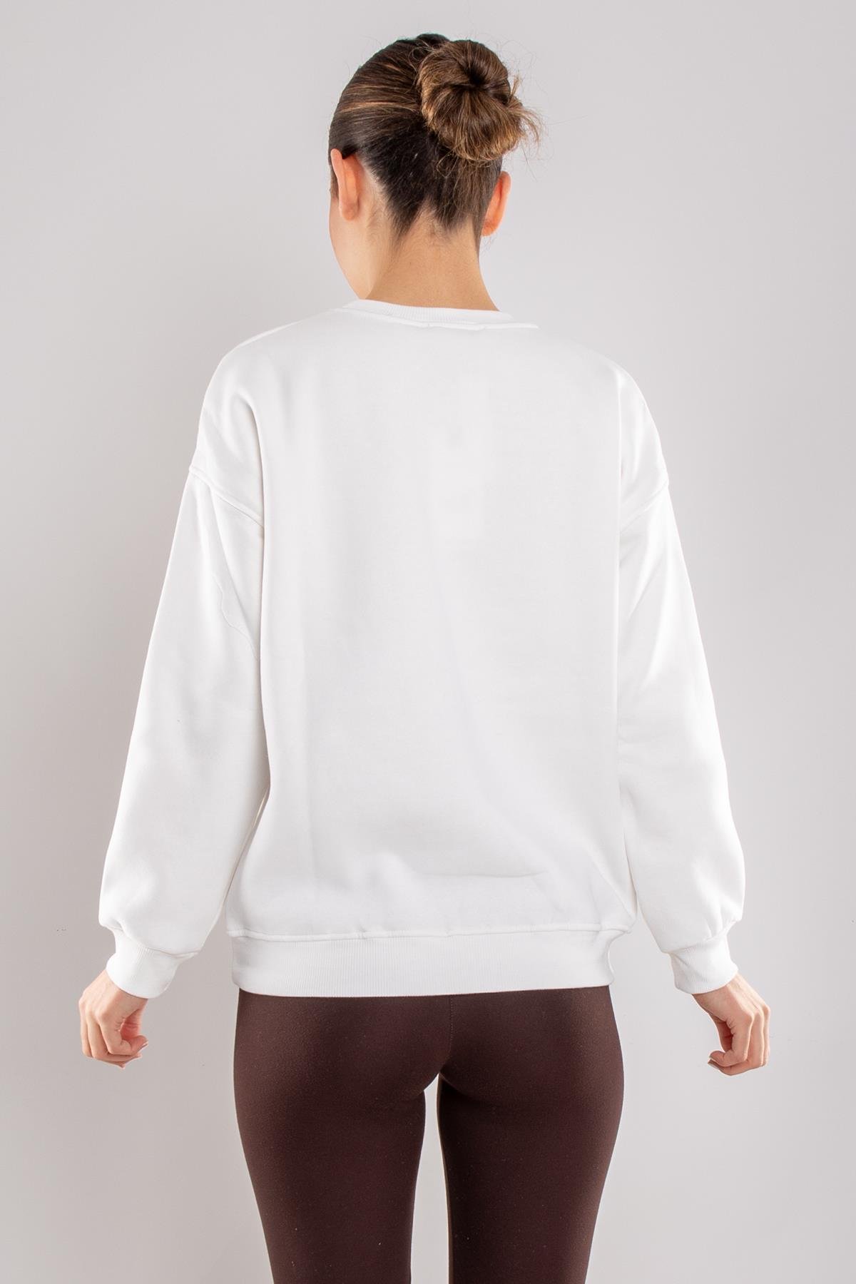 5124 Taşlı Kalp Baskı Bisiklet Yaka İçi Şardonlu Sweatshirt