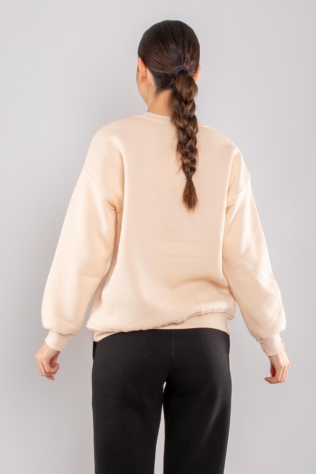 5124 Taşlı Kalp Baskı Bisiklet Yaka İçi Şardonlu Sweatshirt