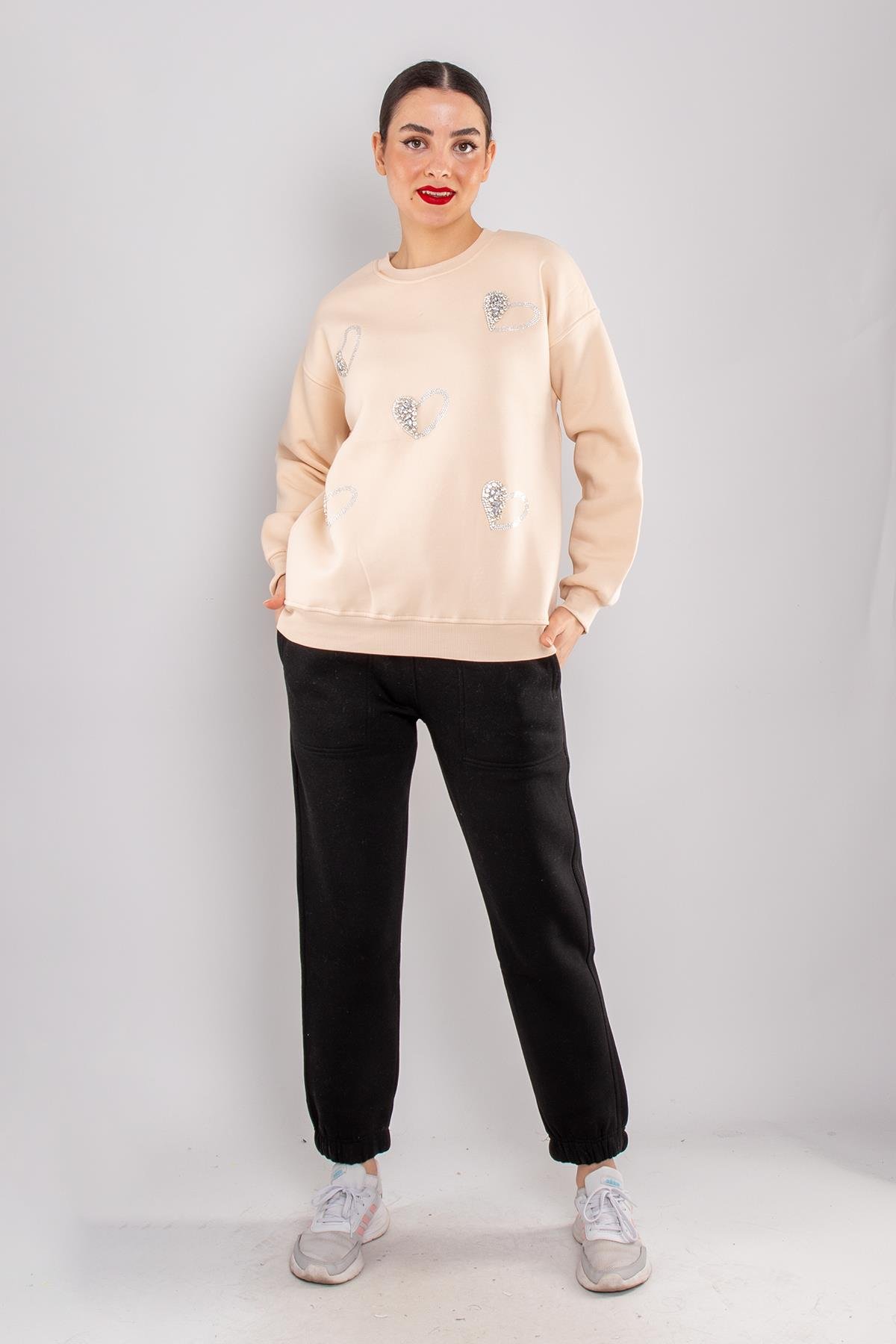 5124 Taşlı Kalp Baskı Bisiklet Yaka İçi Şardonlu Sweatshirt