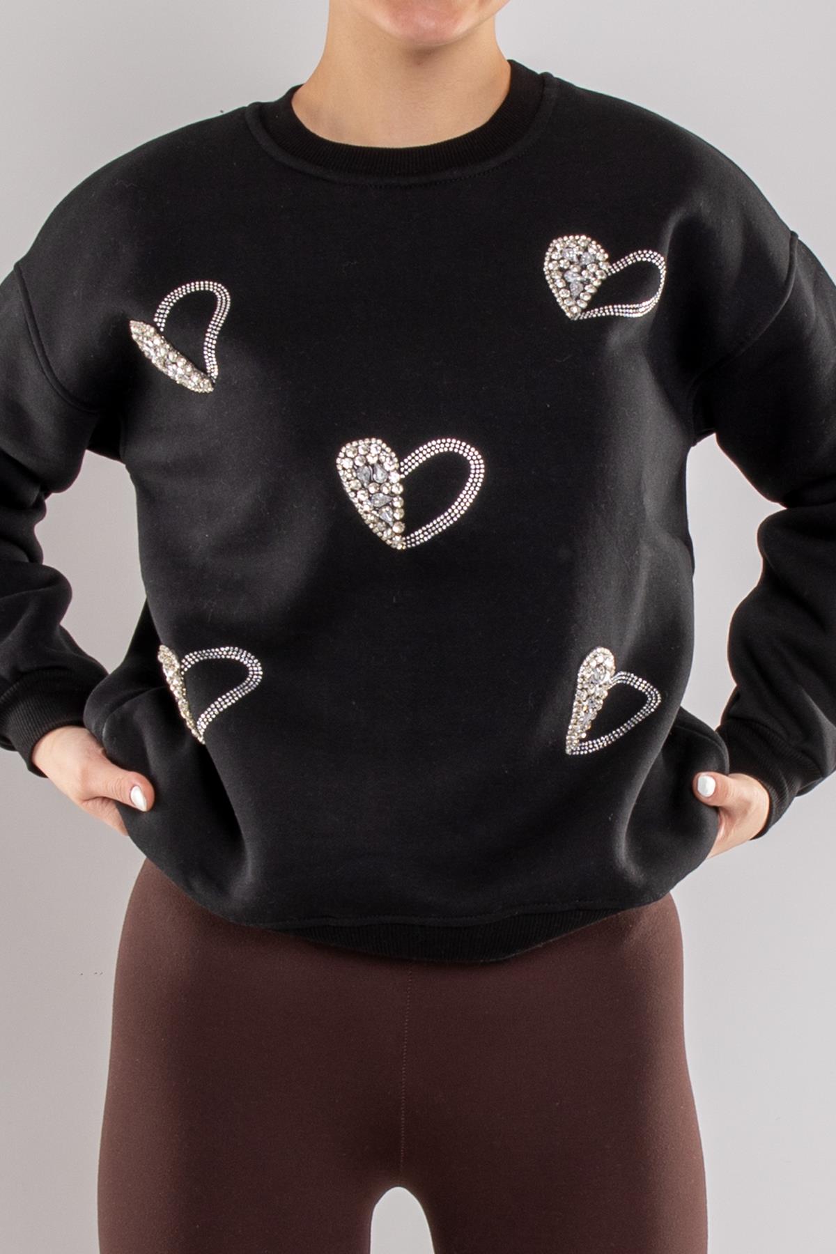 5124 Taşlı Kalp Baskı Bisiklet Yaka İçi Şardonlu Sweatshirt