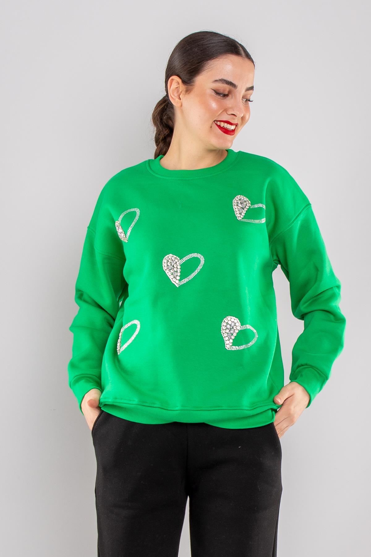 5124 Taşlı Kalp Baskı Bisiklet Yaka İçi Şardonlu Sweatshirt