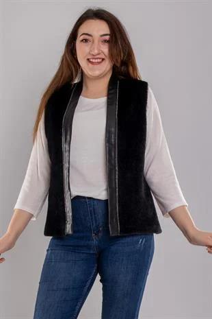 5702 Büyük Beden Kürk Detaylı Deri Astarlı Taş Detay Yelek