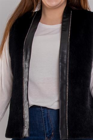 5702 Büyük Beden Kürk Detaylı Deri Astarlı Taş Detay Yelek