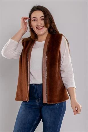 5702 Büyük Beden Kürk Detaylı Deri Astarlı Taş Detay Yelek