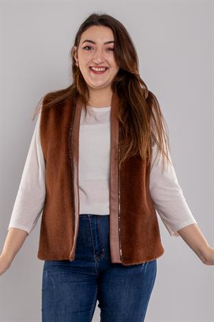 5702 Büyük Beden Kürk Detaylı Deri Astarlı Taş Detay Yelek