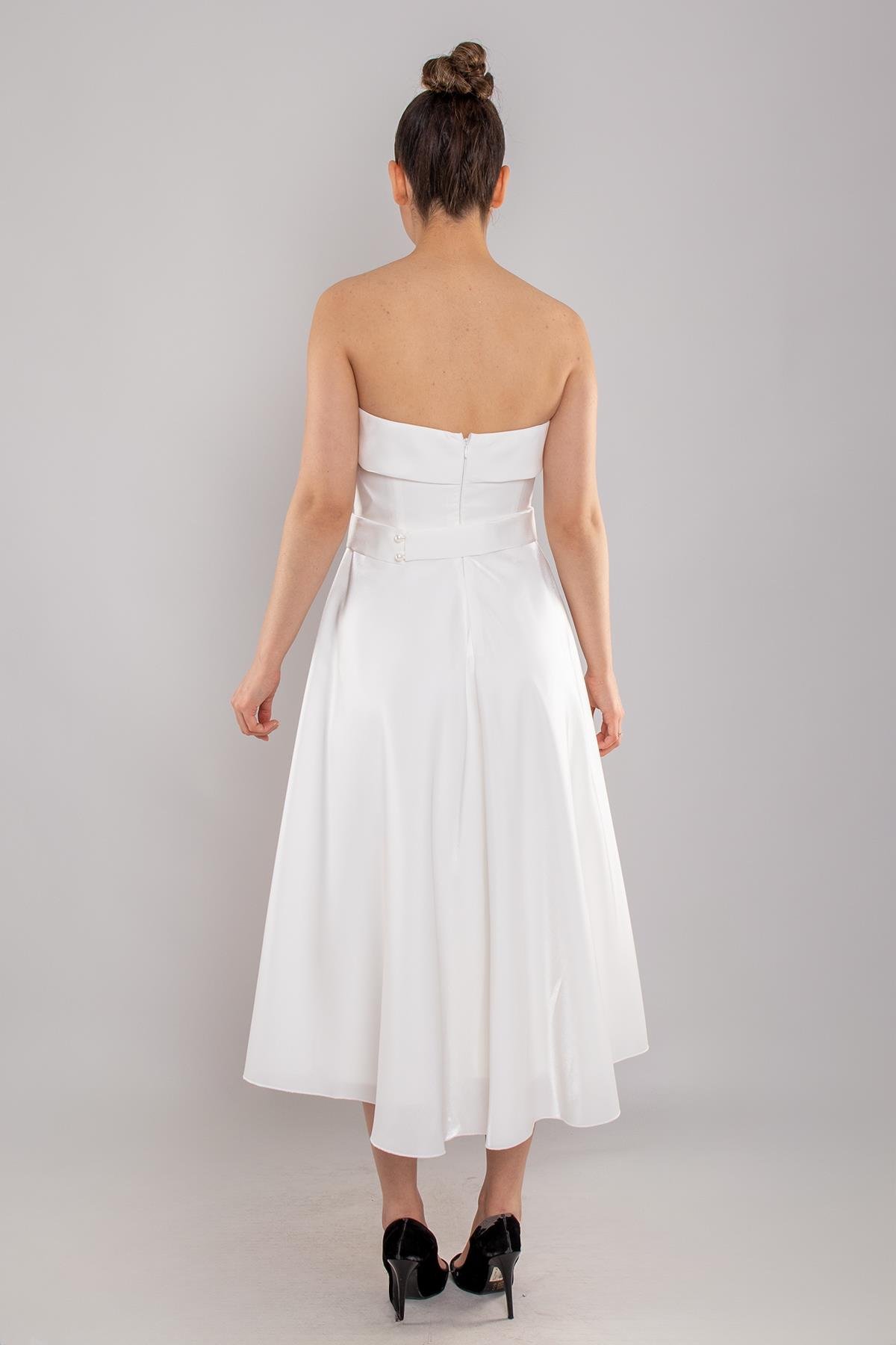 576 Straplez Kuşaklı Midiboy Kloş Etek Saten Elbise