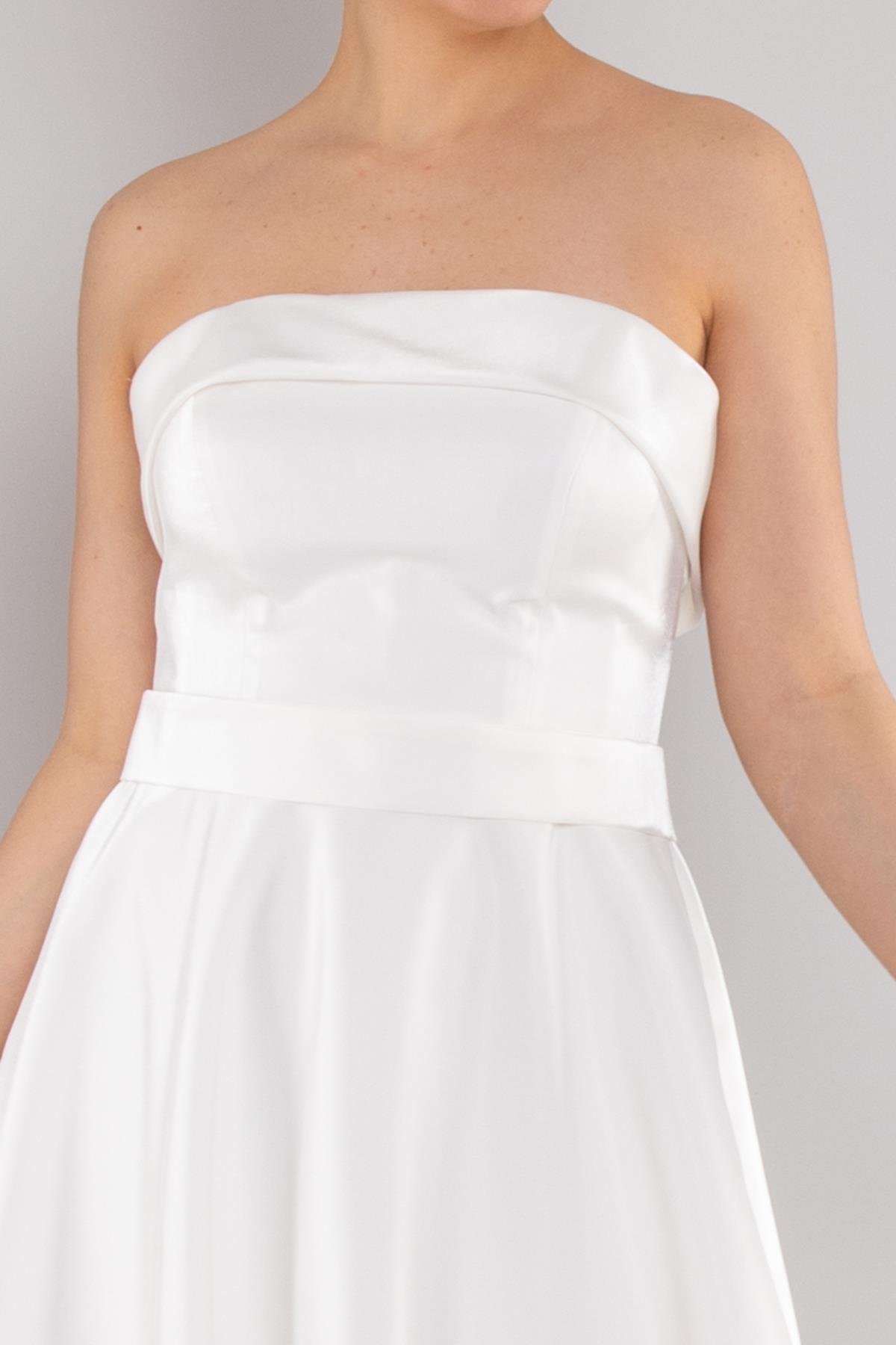 576 Straplez Kuşaklı Midiboy Kloş Etek Saten Elbise