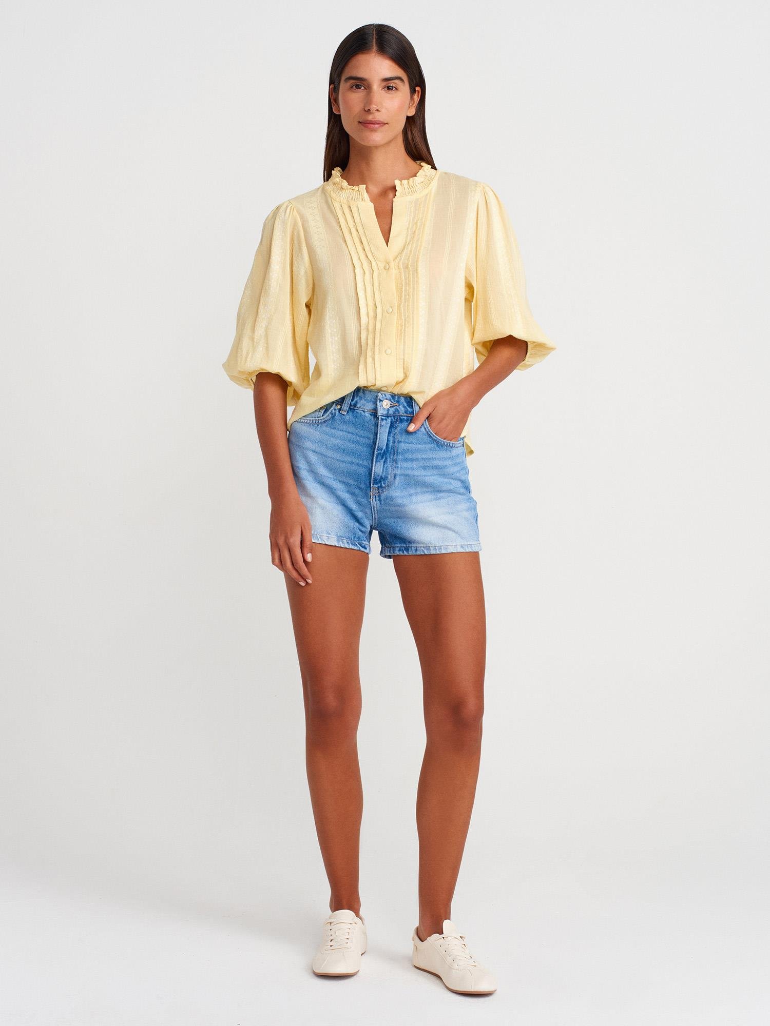 5807 Nervür Detay Balon Kol Gömlek