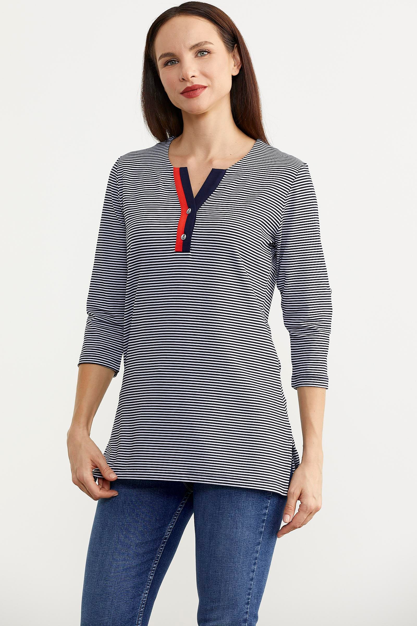 60003 Çizgili Yaka Düğmeli Truvakar Kol Tshirt