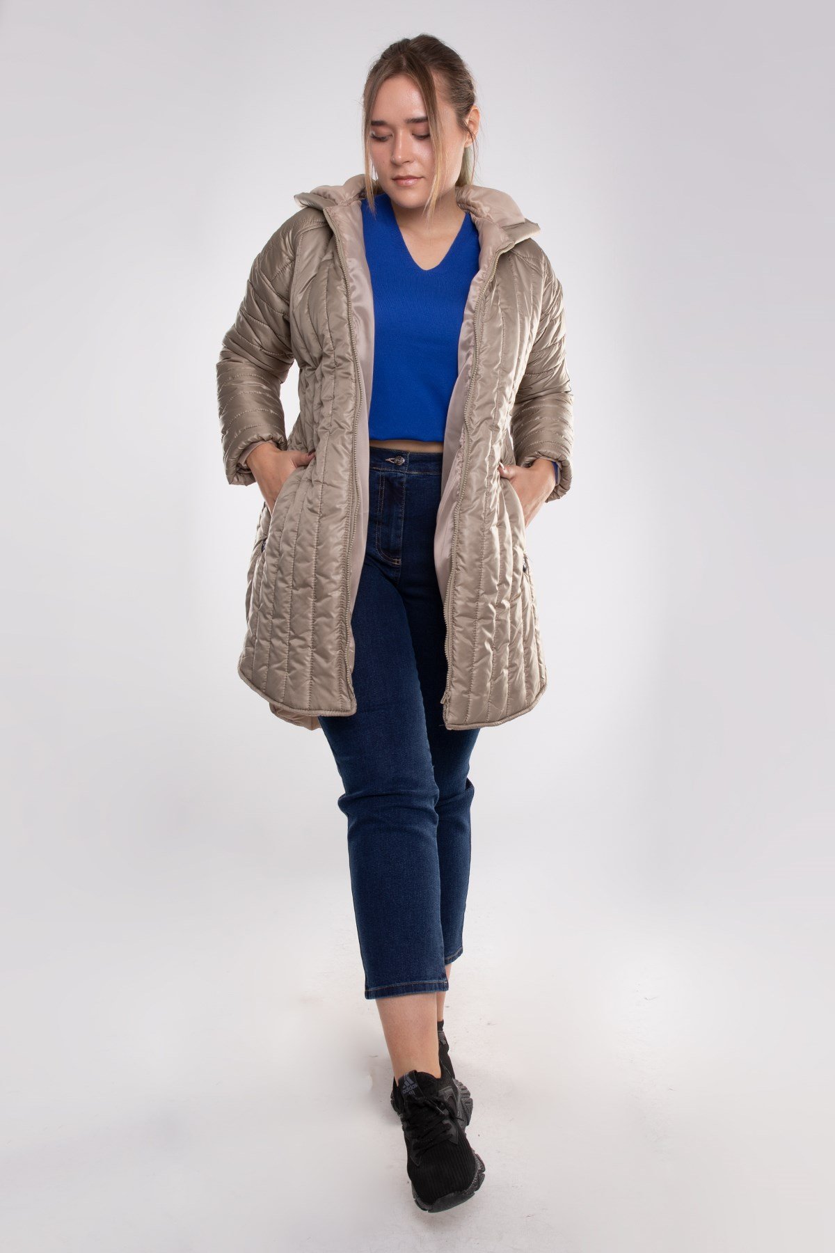 6021 Büyük Beden Kapitone Kapüşonlu Uzun Kadın Şişme Kaban