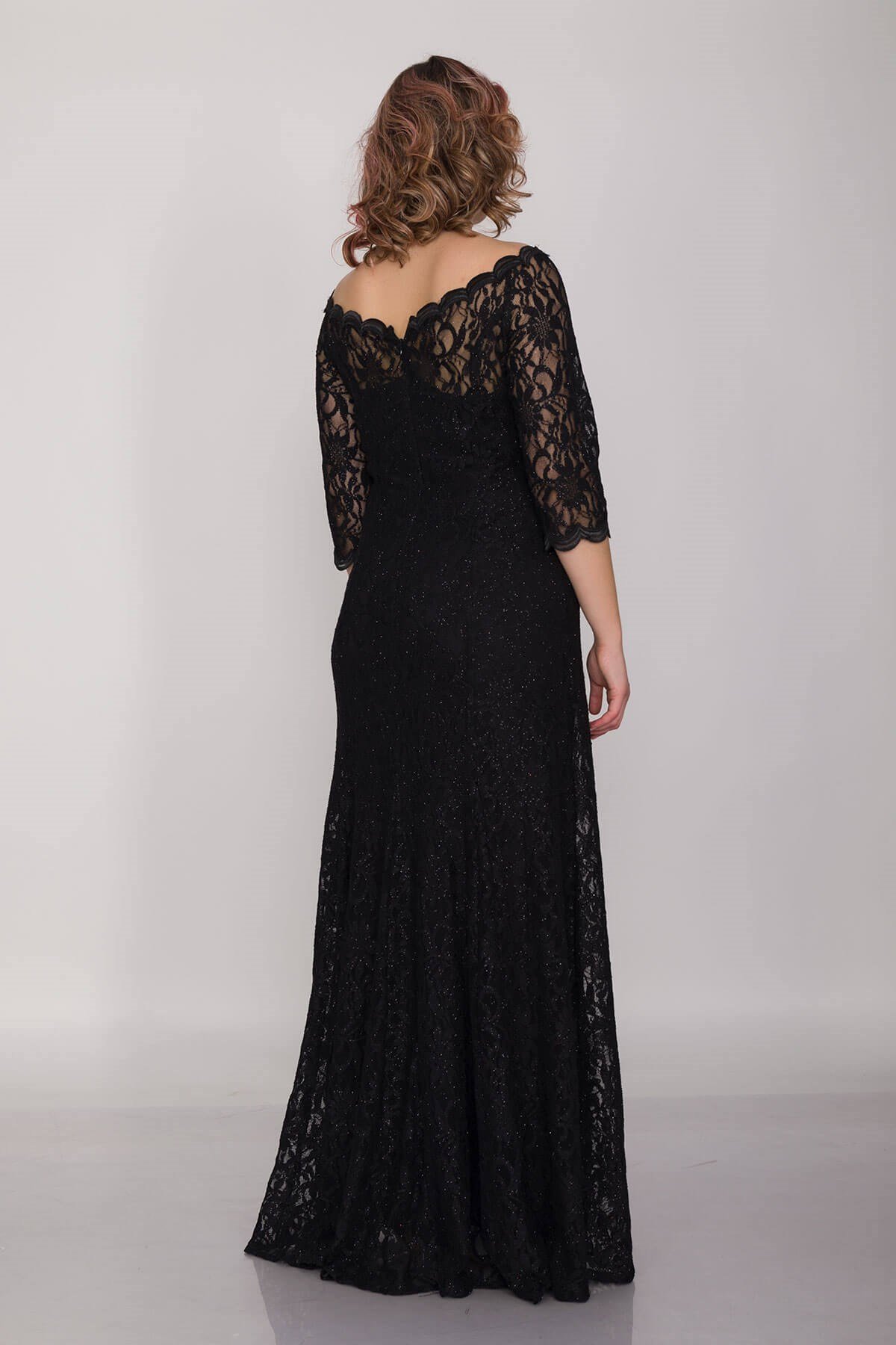 6032 BB Madonna Yaka Simli Dantel Truv.Kol Uzun Abiye