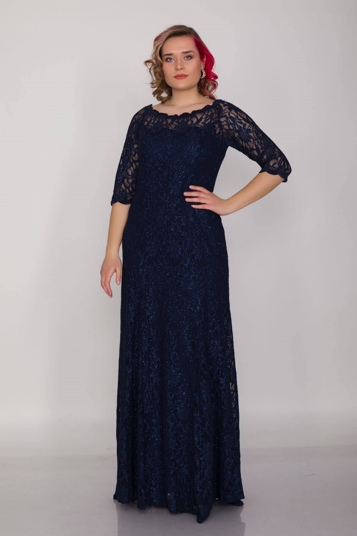 6032 BB Madonna Yaka Simli Dantel Truv.Kol Uzun Abiye