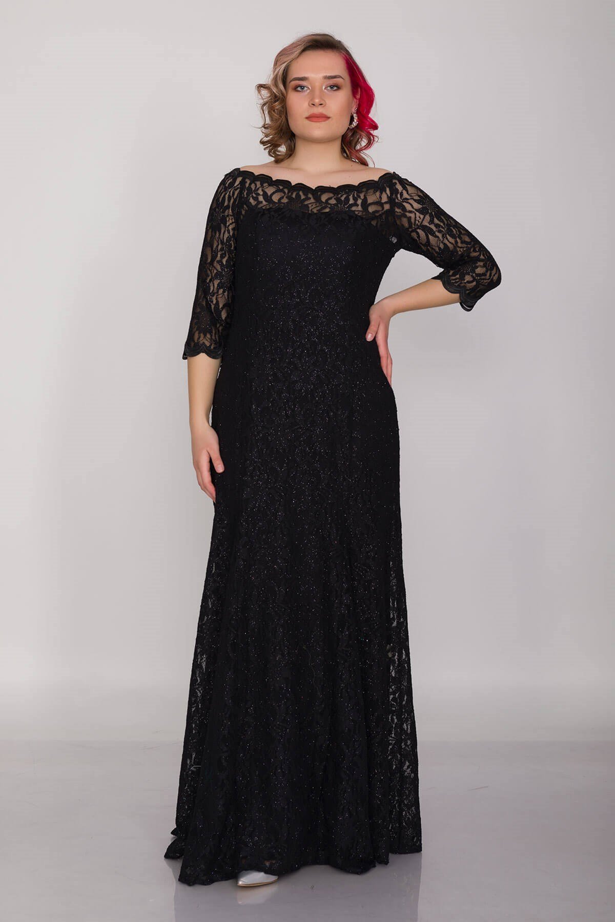 6032 BB Madonna Yaka Simli Dantel Truv.Kol Uzun Abiye