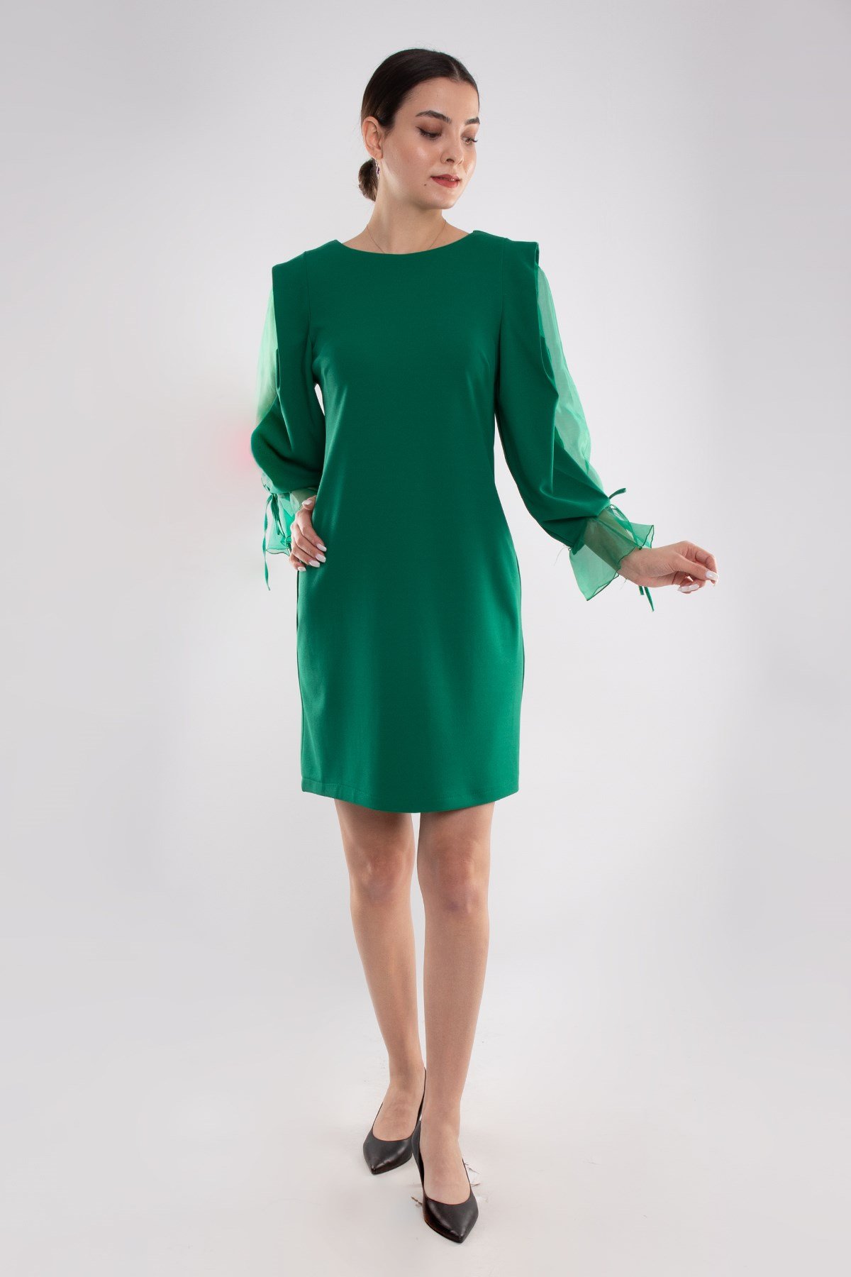 60627 Kolları Organze Tül Krep Elbise