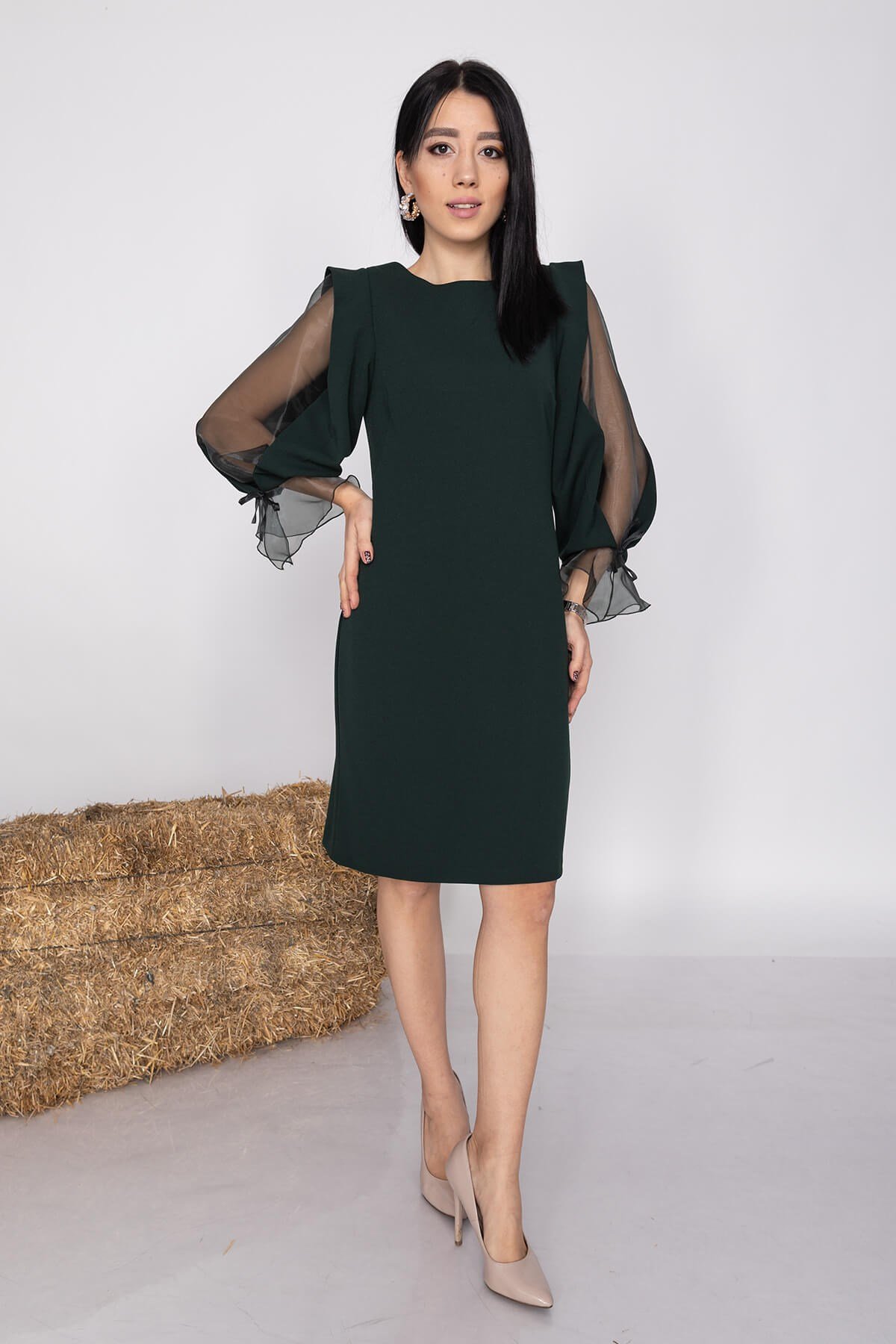 60627 Kolları Organze Tül Krep Elbise