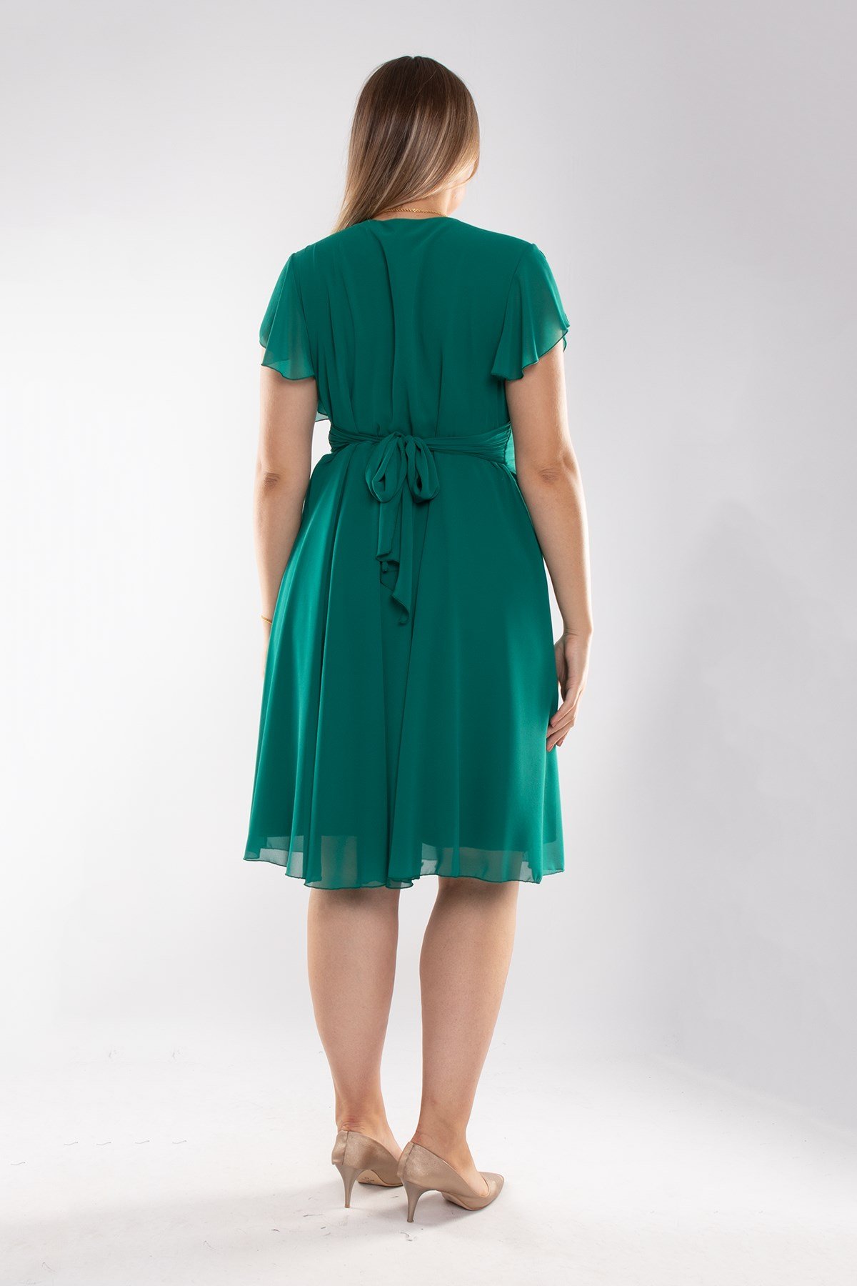 6065.5 Tam Seri Kruvaze Yaka Kısa Şifon Elbise